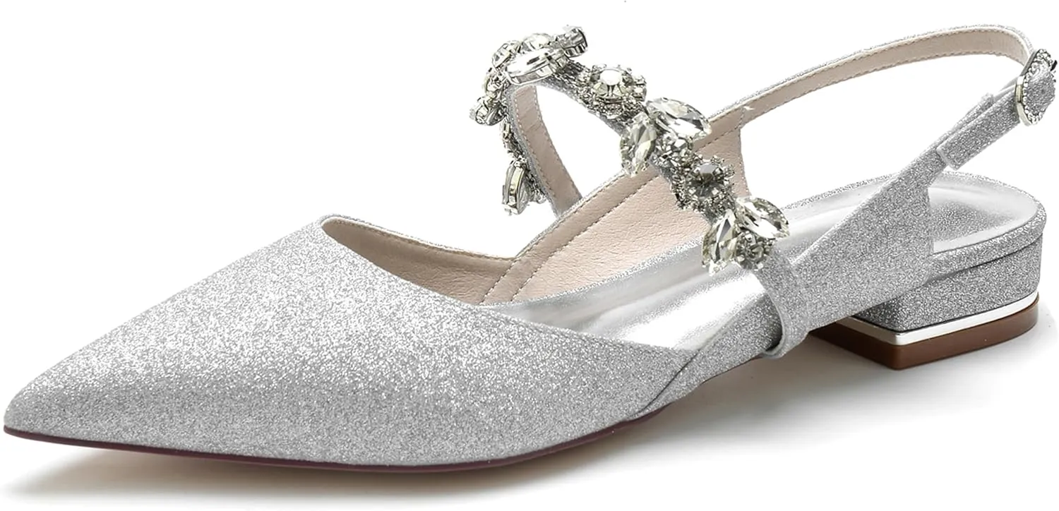 Minishion Ladies Heel Flats for Wedding Mary Jane Slingback Evening Mule Shoes with Rhinestones BR202