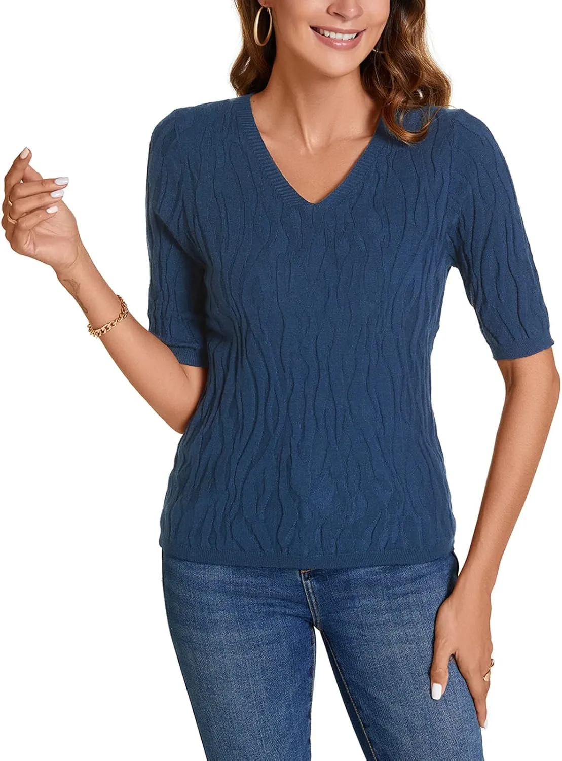 MINTLIMIT Womens Short Sleeve Sweater Summer Pullover Shirt Tops Texture V Neck Casual Knit Tees Tops