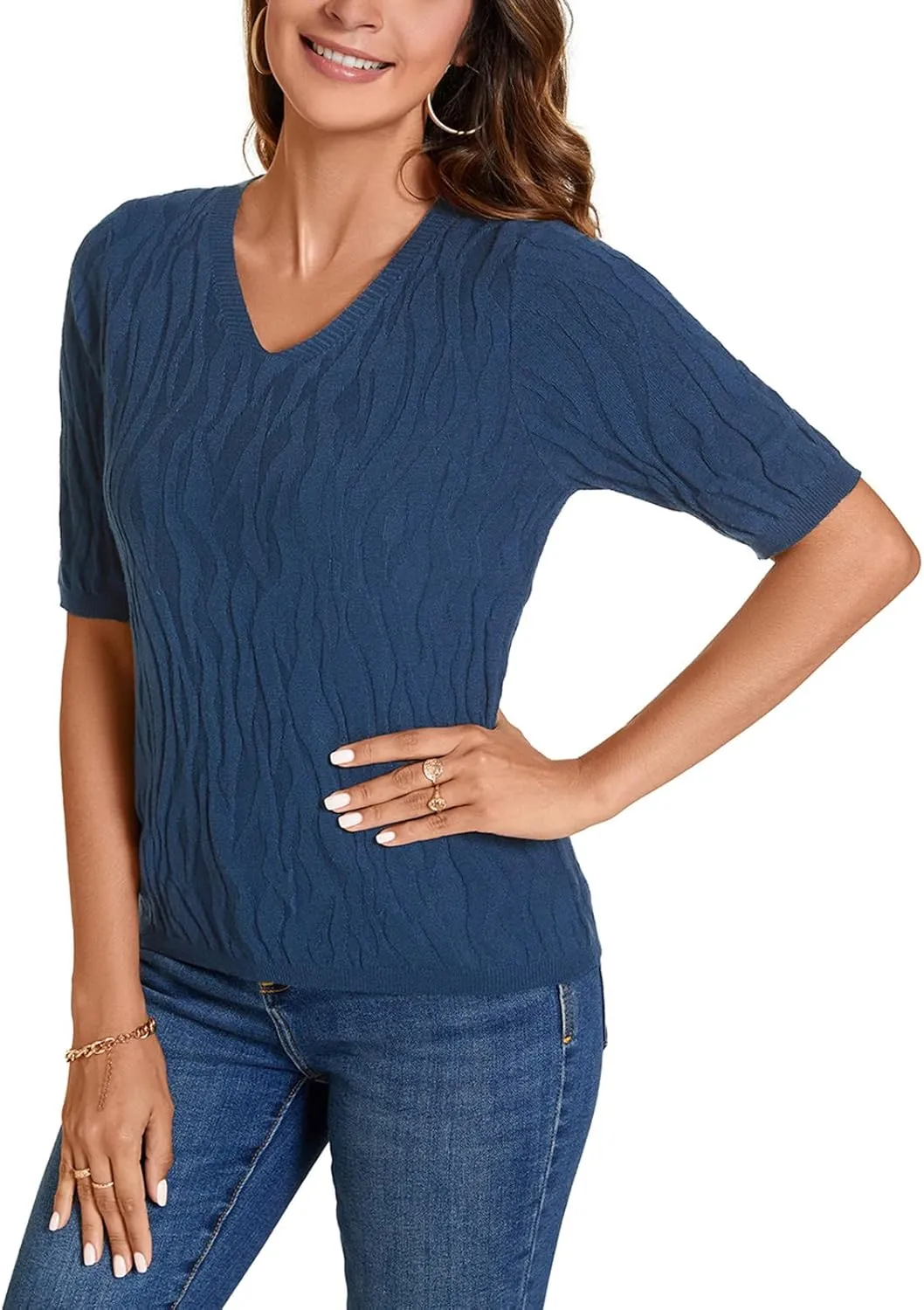 MINTLIMIT Womens Short Sleeve Sweater Summer Pullover Shirt Tops Texture V Neck Casual Knit Tees Tops