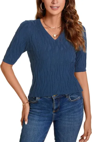 MINTLIMIT Womens Short Sleeve Sweater Summer Pullover Shirt Tops Texture V Neck Casual Knit Tees Tops