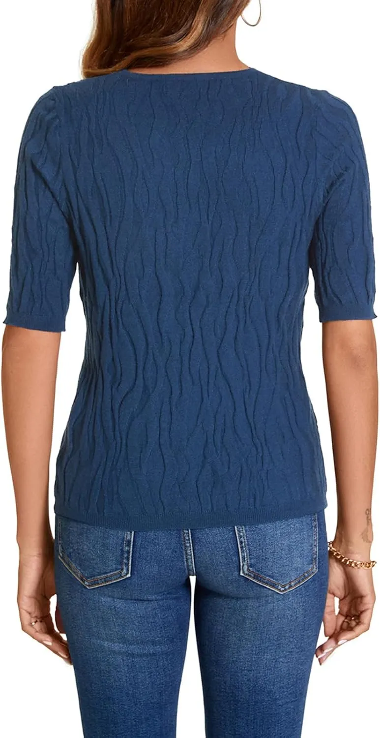 MINTLIMIT Womens Short Sleeve Sweater Summer Pullover Shirt Tops Texture V Neck Casual Knit Tees Tops