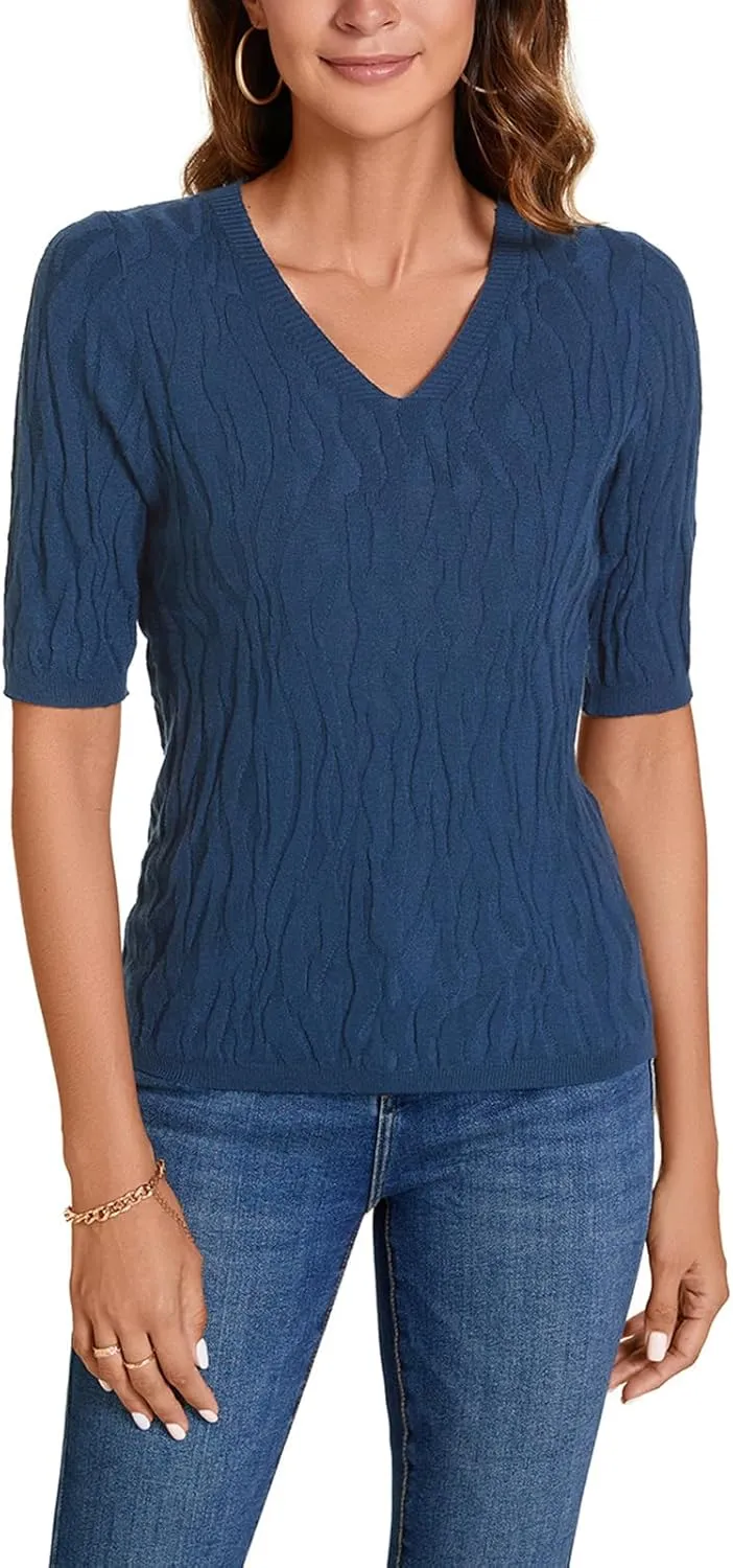 MINTLIMIT Womens Short Sleeve Sweater Summer Pullover Shirt Tops Texture V Neck Casual Knit Tees Tops