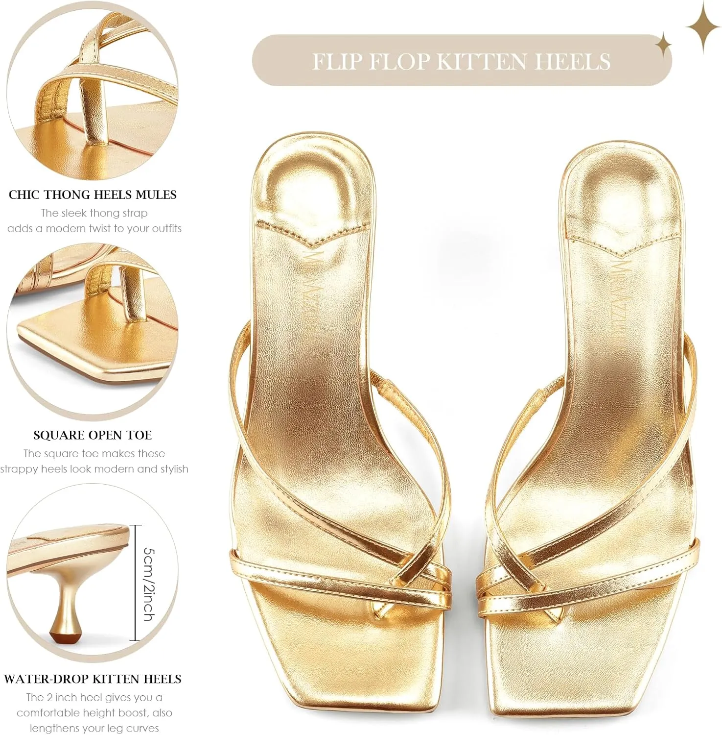 MIRAAZZURRA Flip Flop Kitten Heels Square Open Toe Thong Low Heels Strappy Slip On Slide Sandals Daily Party Shoes