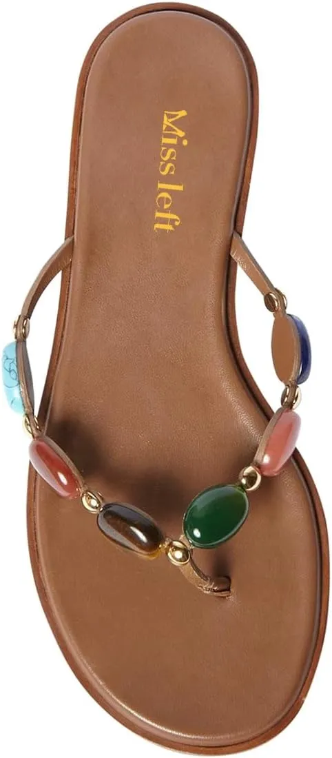 miss left Women Jewelled Strap Open Toe Flip Flops Comfortable Insole Slip on Thong Flat Sandals Classic Summer Beach Indoor Outdoor Slippers Size 4-16 US