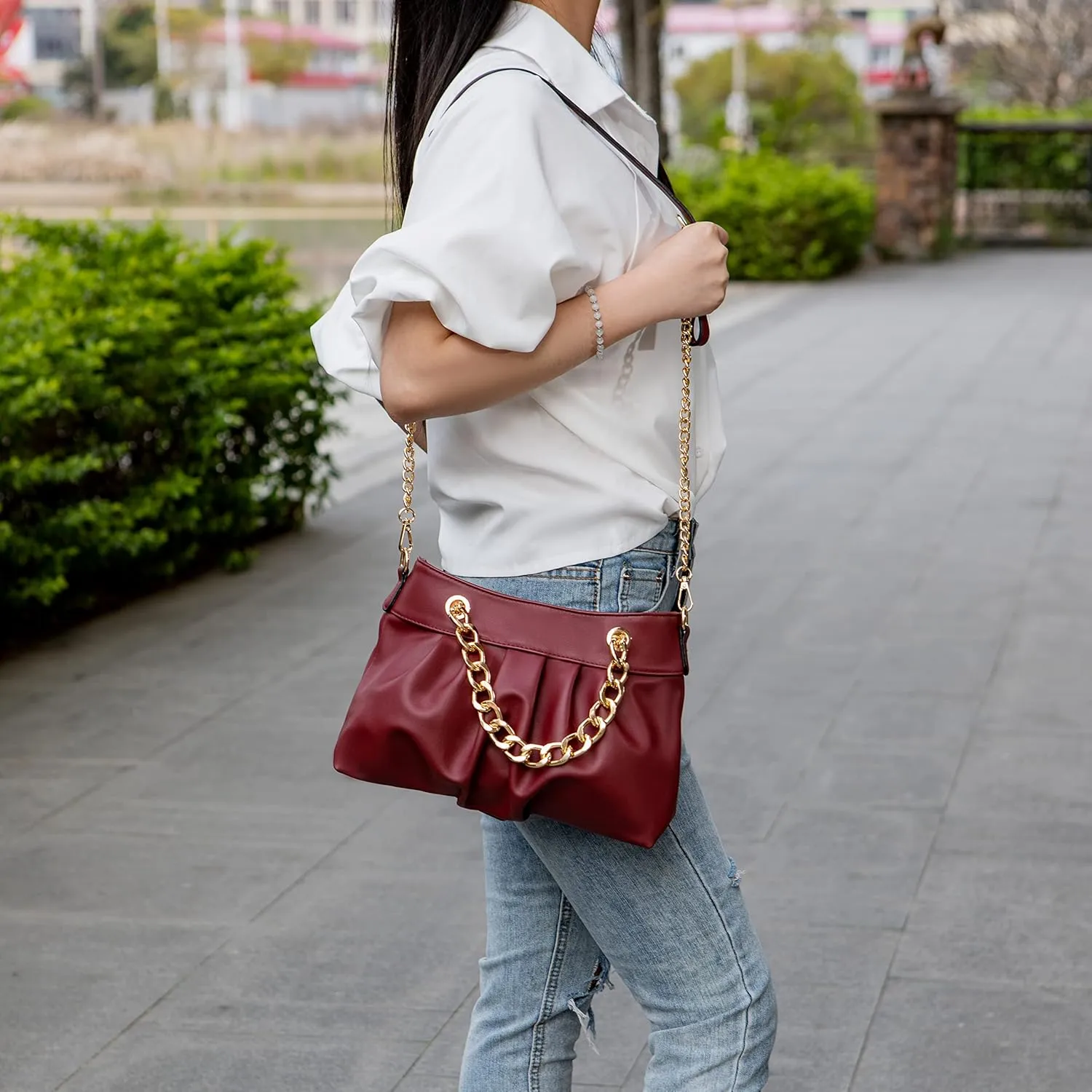 MKF Collection Mini Shoulder Bag for Women, Vegan Leather Ruched Chain Link Trendy Fashion Handbag Crossbody Hobo Purse
