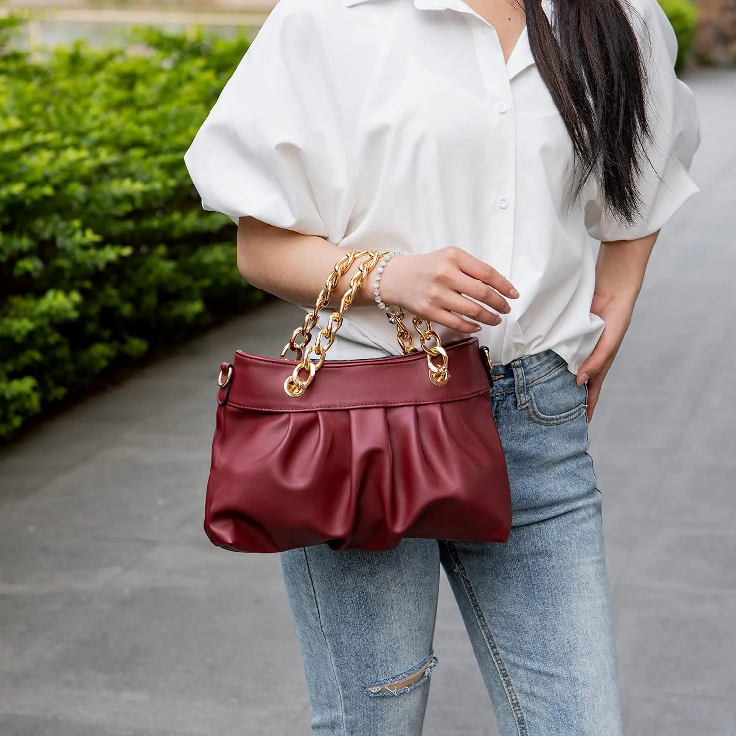 MKF Collection Mini Shoulder Bag for Women, Vegan Leather Ruched Chain Link Trendy Fashion Handbag Crossbody Hobo Purse