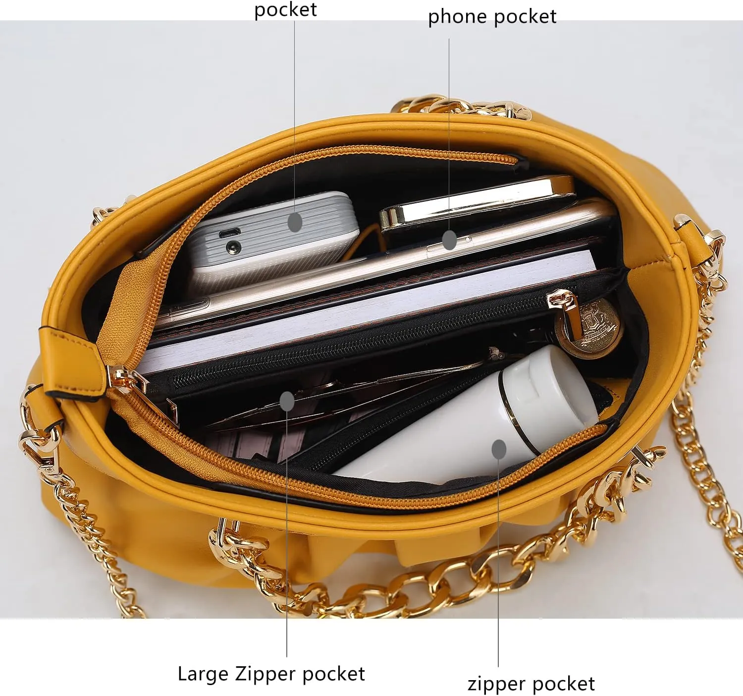 MKF Collection Mini Shoulder Bag for Women, Vegan Leather Ruched Chain Link Trendy Fashion Handbag Crossbody Hobo Purse