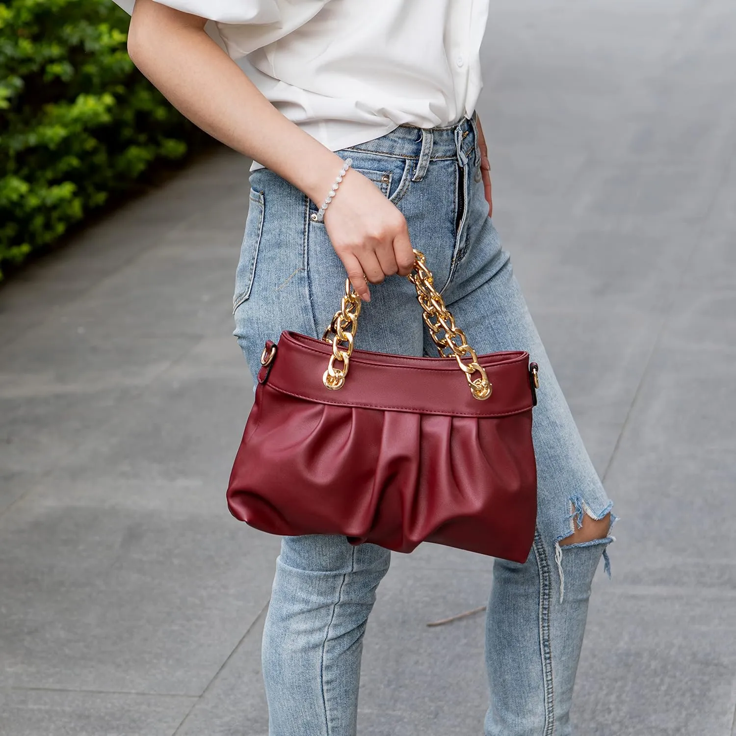 MKF Collection Mini Shoulder Bag for Women, Vegan Leather Ruched Chain Link Trendy Fashion Handbag Crossbody Hobo Purse