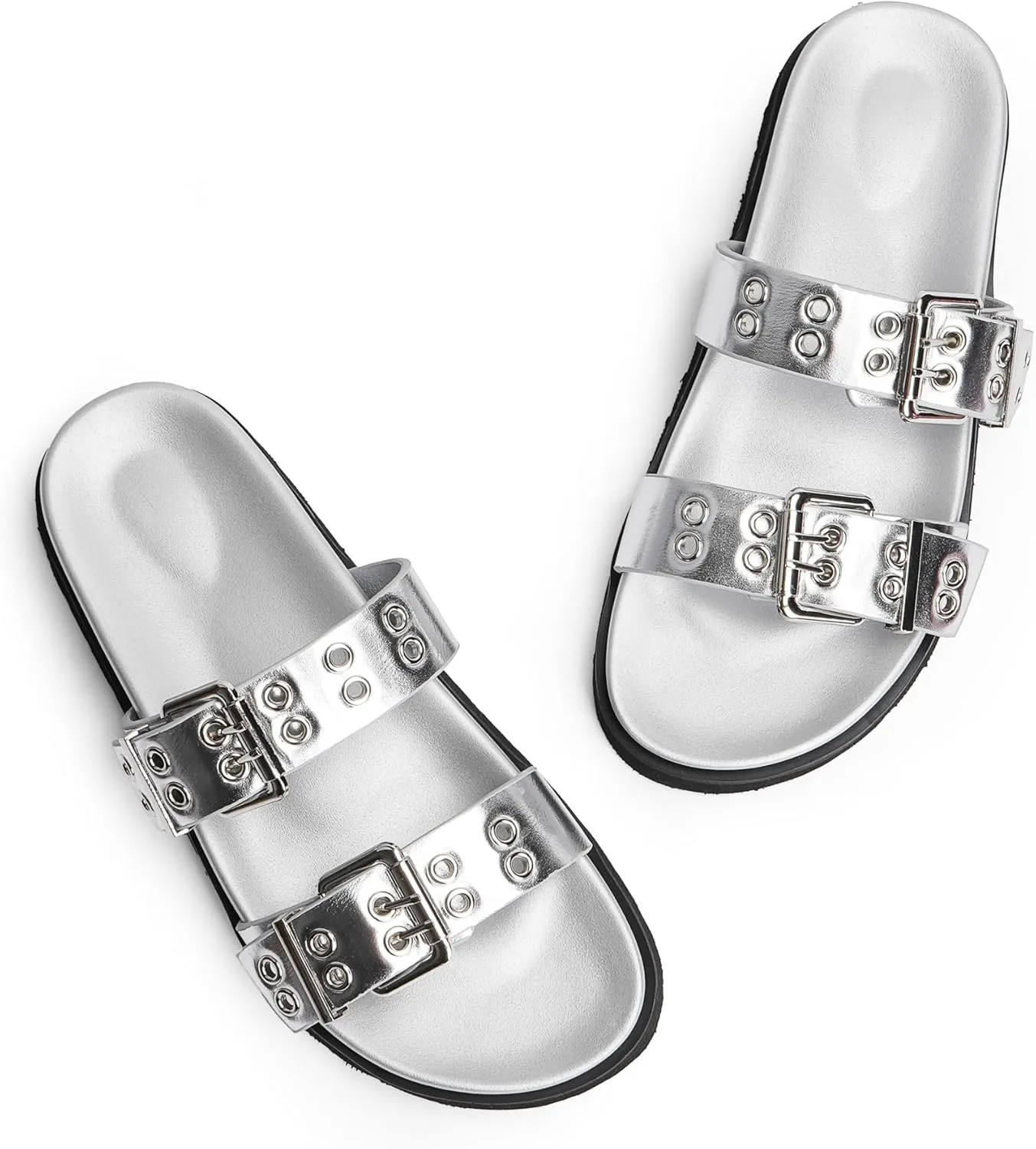 Modatope Womens Flat Sandals for Women Double Buckle Adjustable Slide Sandals Slip On Open Toe Platform Sandals