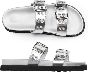 Modatope Womens Flat Sandals for Women Double Buckle Adjustable Slide Sandals Slip On Open Toe Platform Sandals
