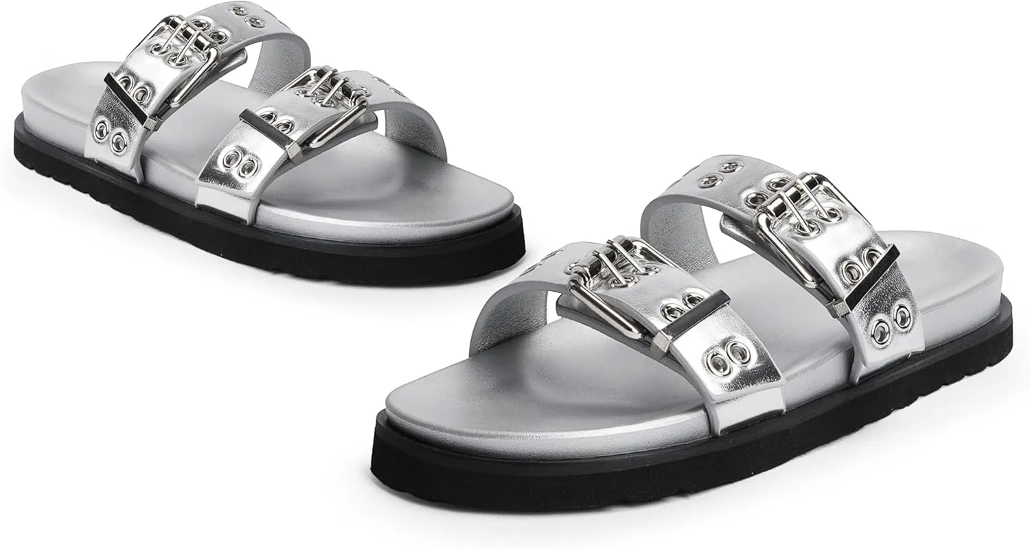 Modatope Womens Flat Sandals for Women Double Buckle Adjustable Slide Sandals Slip On Open Toe Platform Sandals