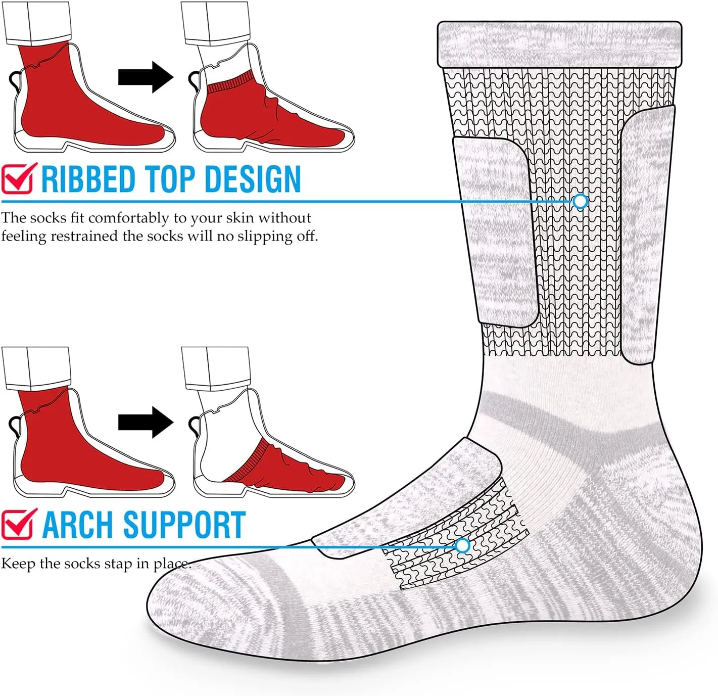Moisture Wicking Casual Thick Cotton Socks Work Socks For Men, Anti-Odor Outdoor Hiking Athletic Cushioned Crew Socks