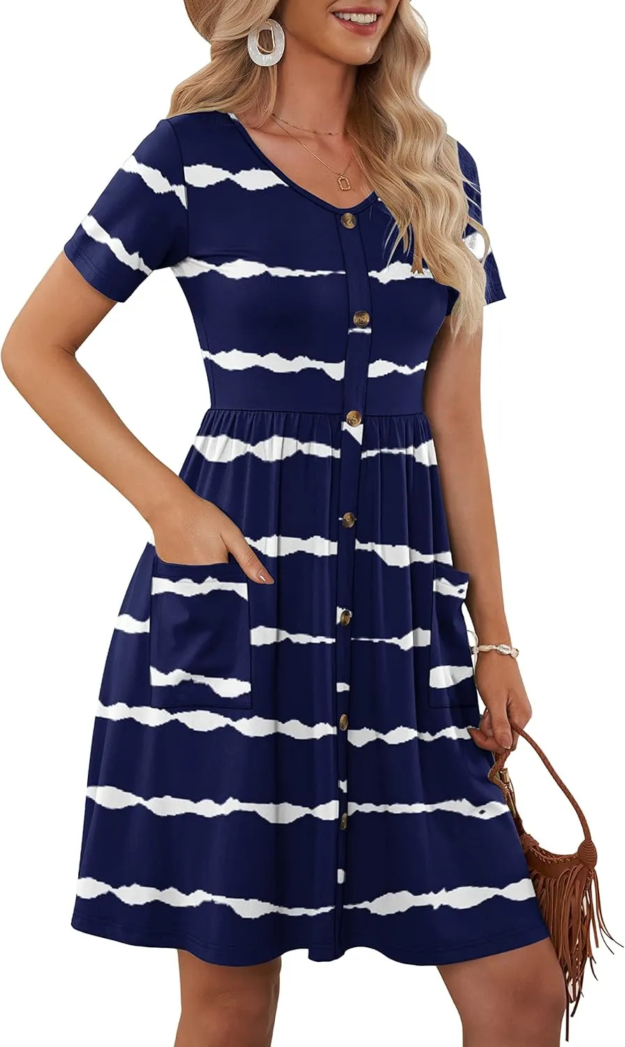 MOLERANI Women Summer Casual Short Sleeve V Neck Dresses Button Down Sundress Beach Vacation with Pockets Travel Outfits