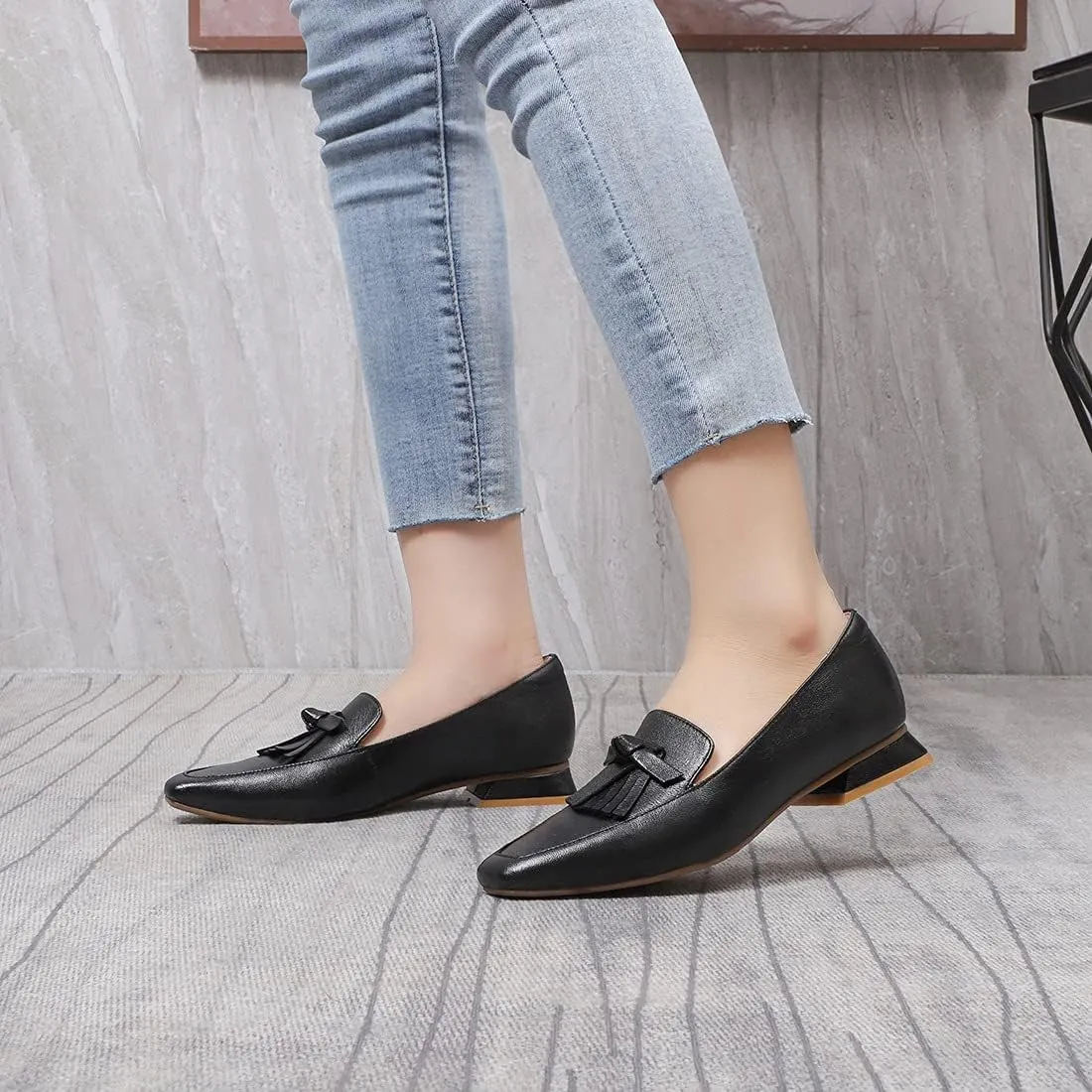 Mona flying Women's Leather Square Toe Penny Loafer Comfort Dress Casual Slip on Flat Office Work Shoes for Ladies