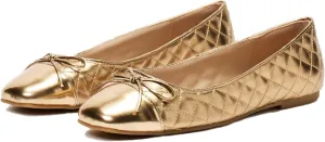 MOOMMO Women Cap Toe Flats Bow Slip On Ballet Flats Comfort Quilted Metallic Flat Shoes Round Toe Flat Heel Dress Shoes Office Ladies Party Chic Driver Flats Cute Quilted Gold Size 9.5 M US