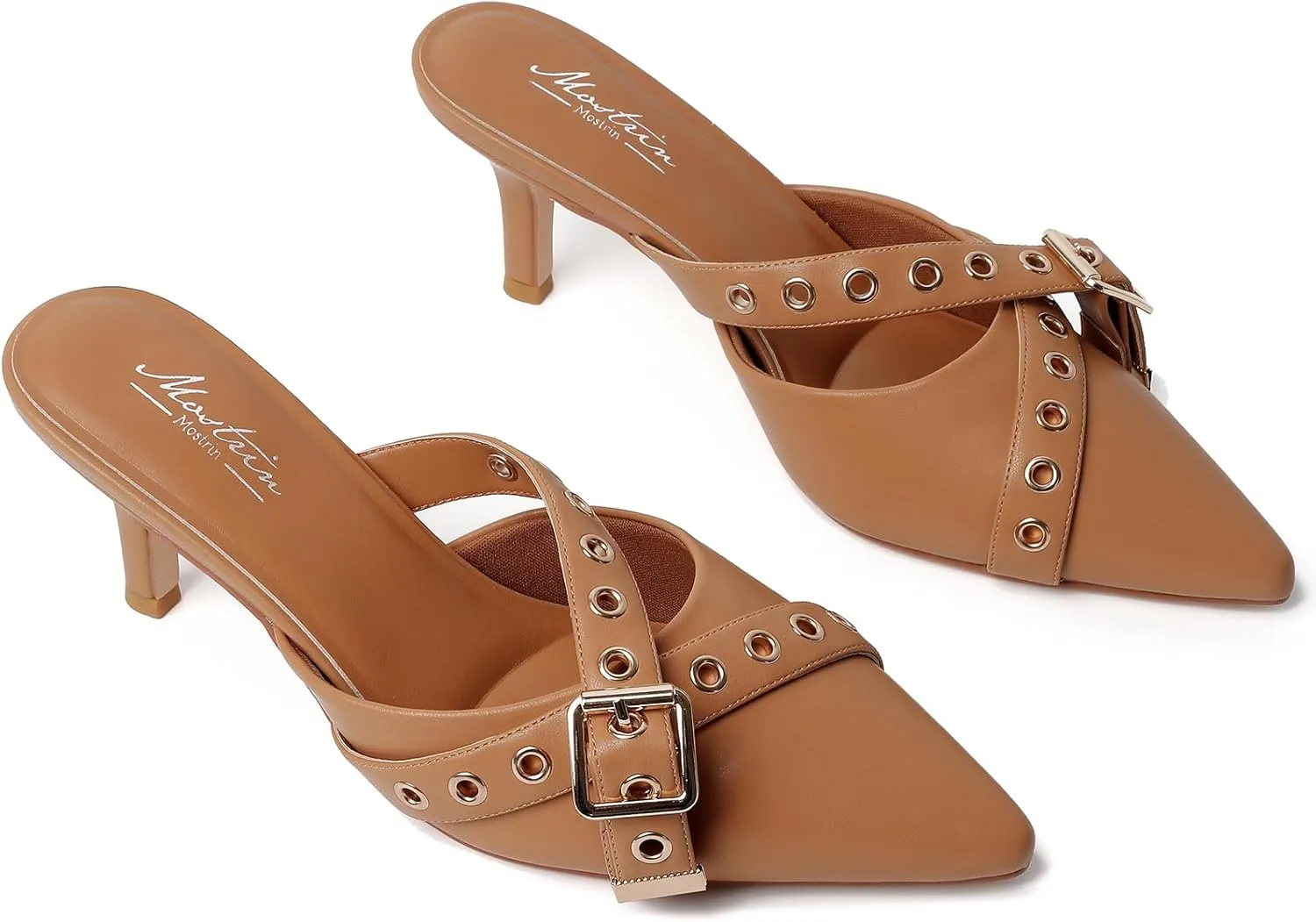 Mostrin Kitten Mules Heels for Women Pointed Closed Toe Heels Vintage Slip on Stiletto Dressy Pumps Shoes