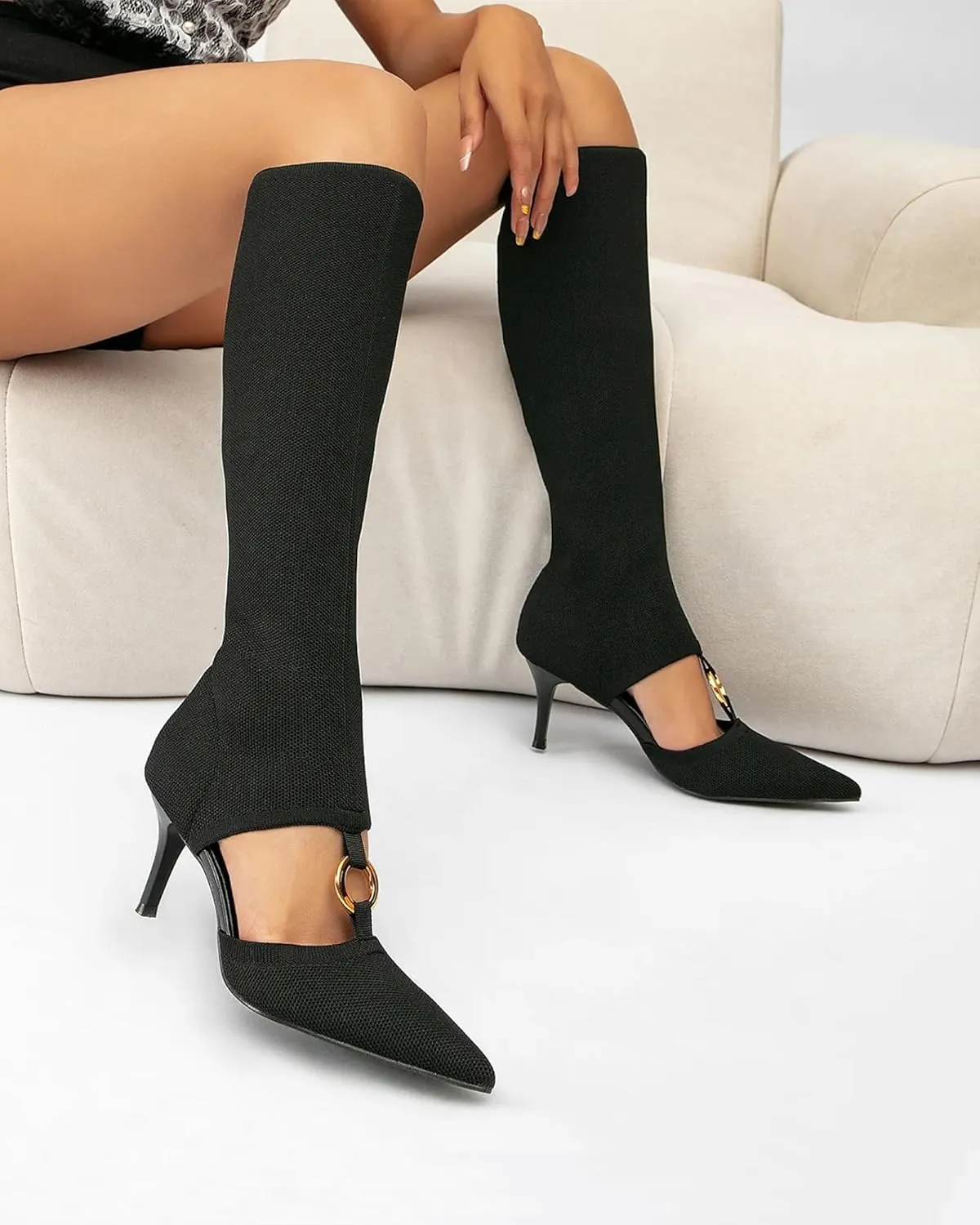 MOUSSE FIT Women's Pointed Toe stiletto Casual Breathable Sock High Boots