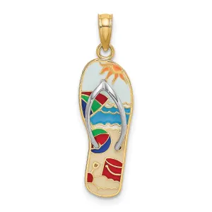 Multi-Colored 3-D Enamel Beach Scene On Flip-Flop Charm Pendant in Real 14k Multi-Tone Gold