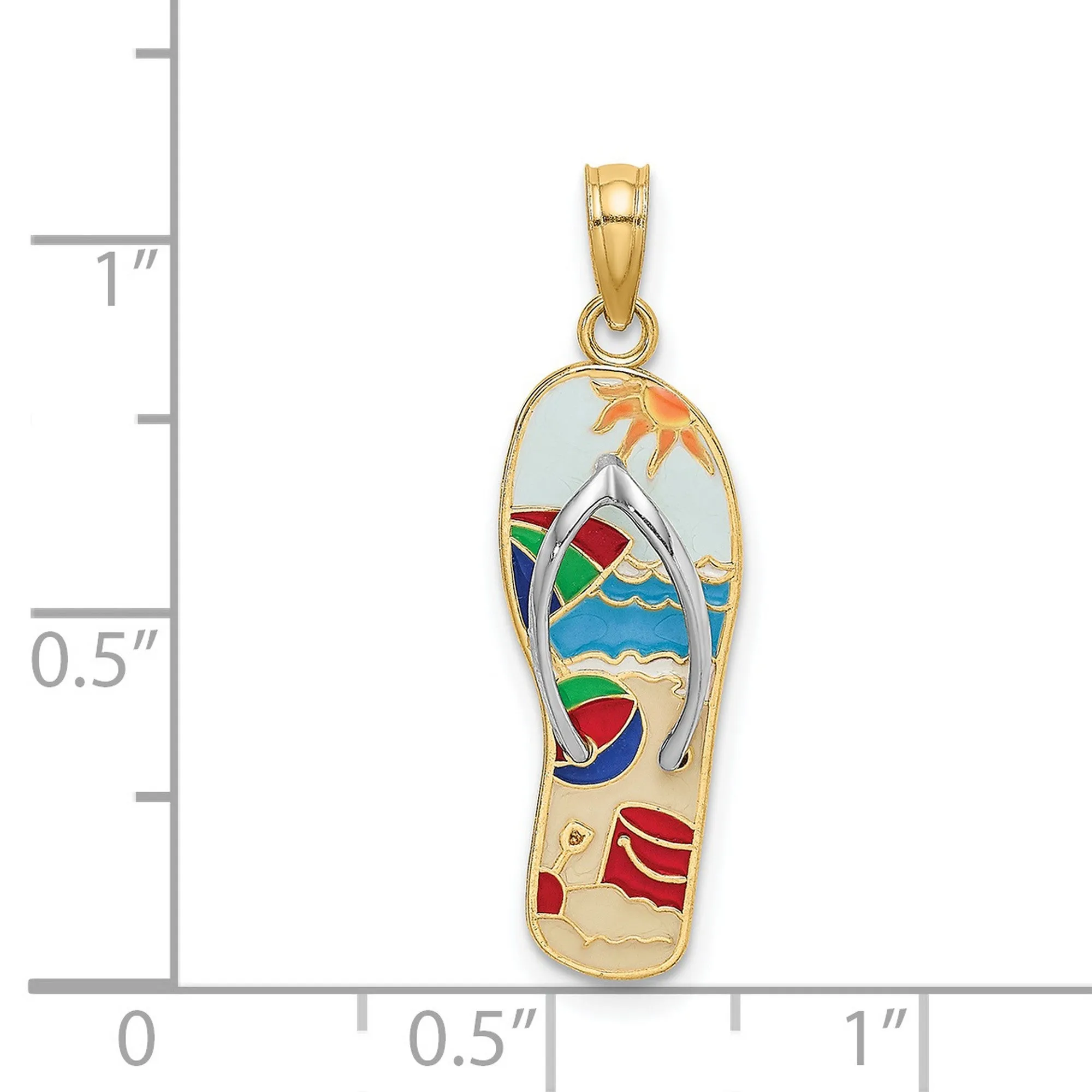 Multi-Colored 3-D Enamel Beach Scene On Flip-Flop Charm Pendant in Real 14k Multi-Tone Gold