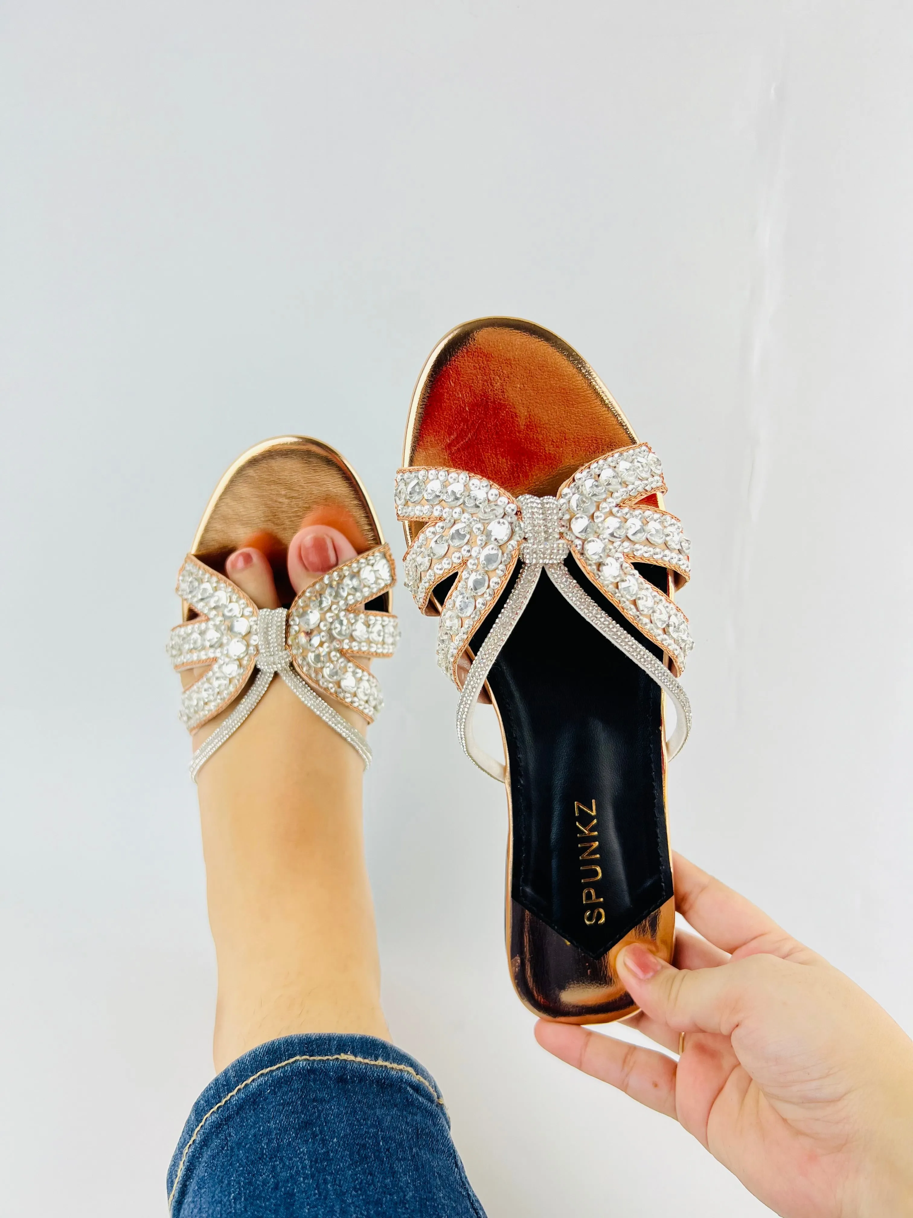 Natasha Strappy Rhinestones Slide Rose Gold Flats-11037
