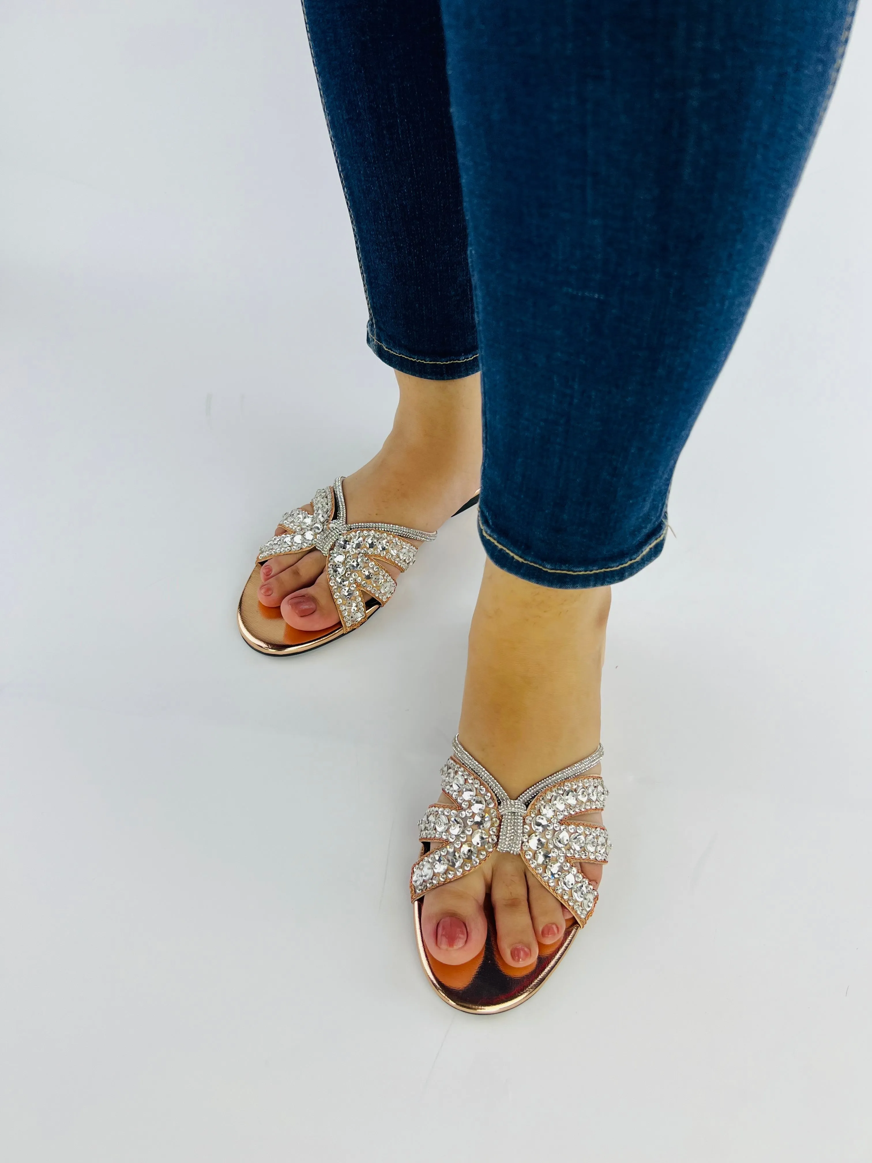 Natasha Strappy Rhinestones Slide Rose Gold Flats-11037