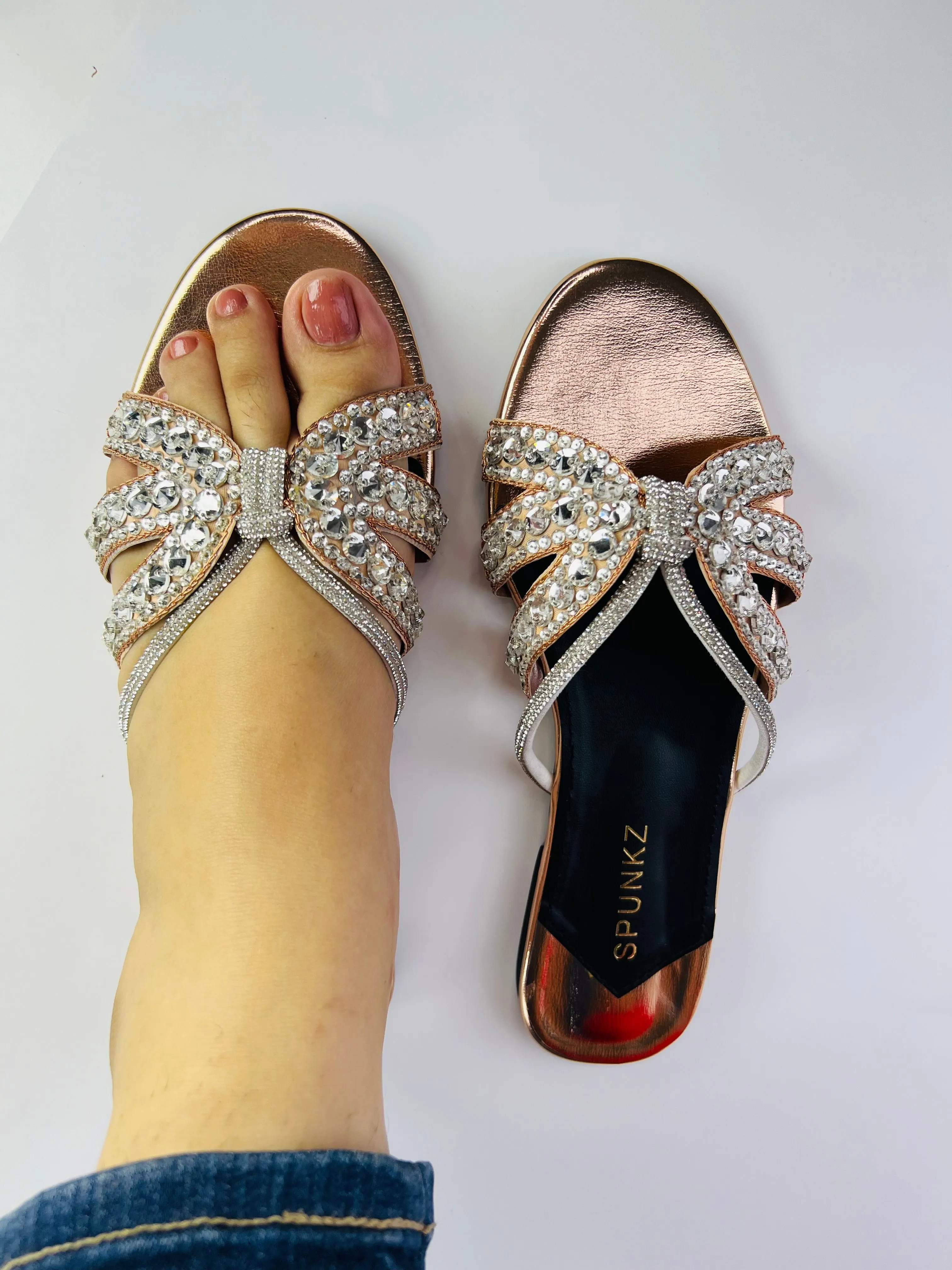 Natasha Strappy Rhinestones Slide Rose Gold Flats-11037