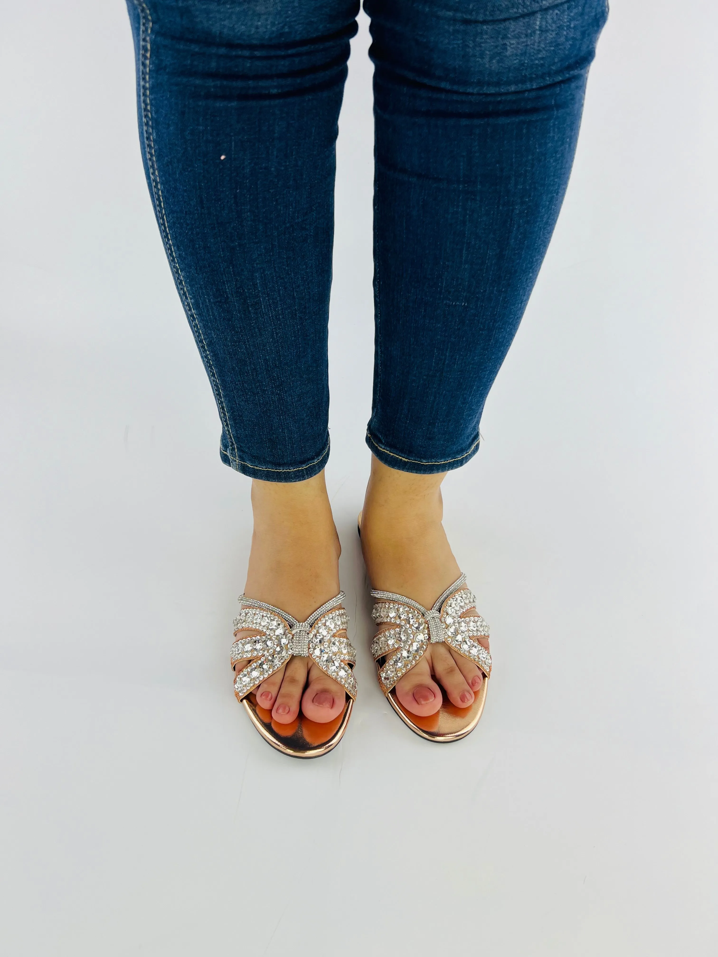 Natasha Strappy Rhinestones Slide Rose Gold Flats-11037