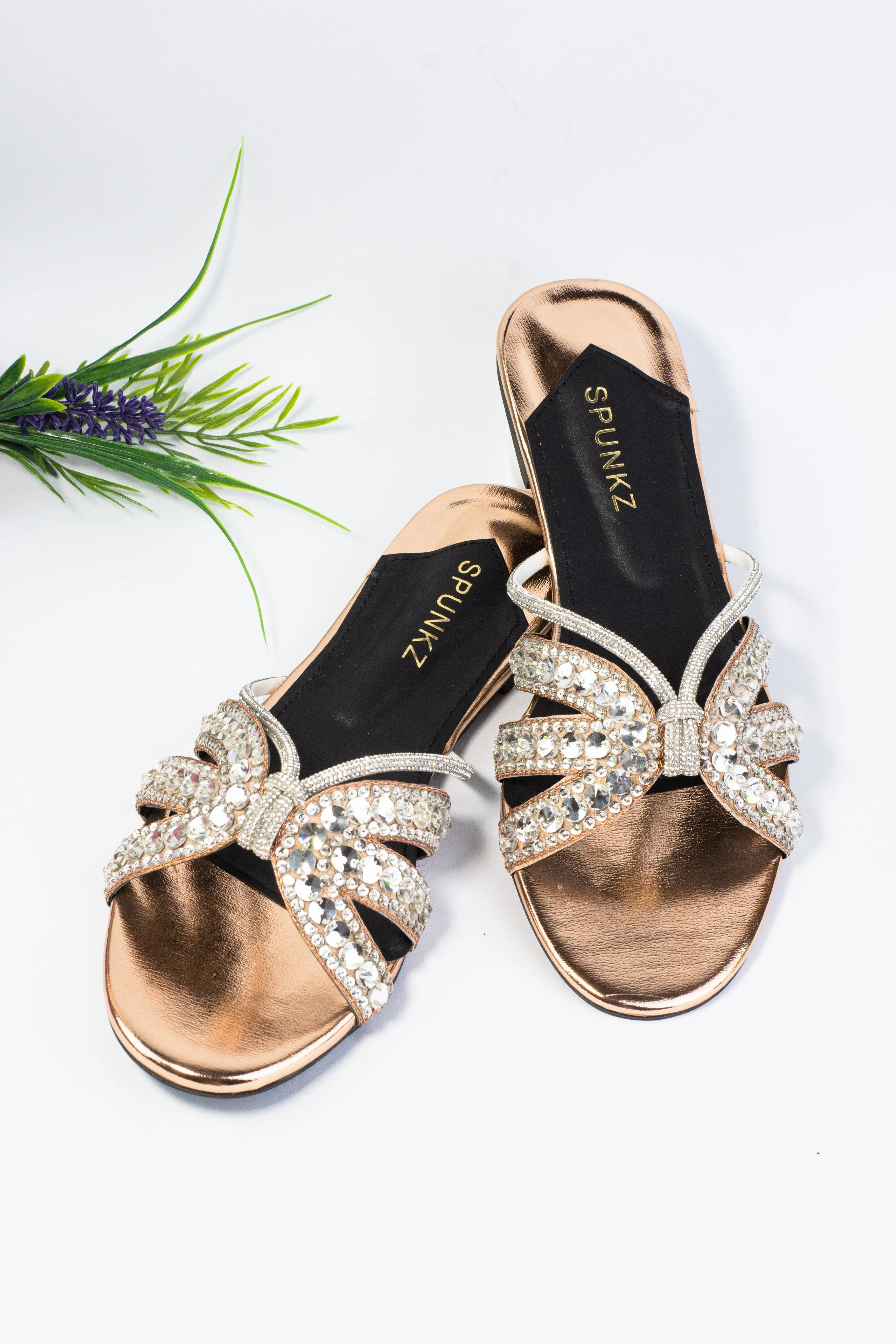 Natasha Strappy Rhinestones Slide Rose Gold Flats-11037