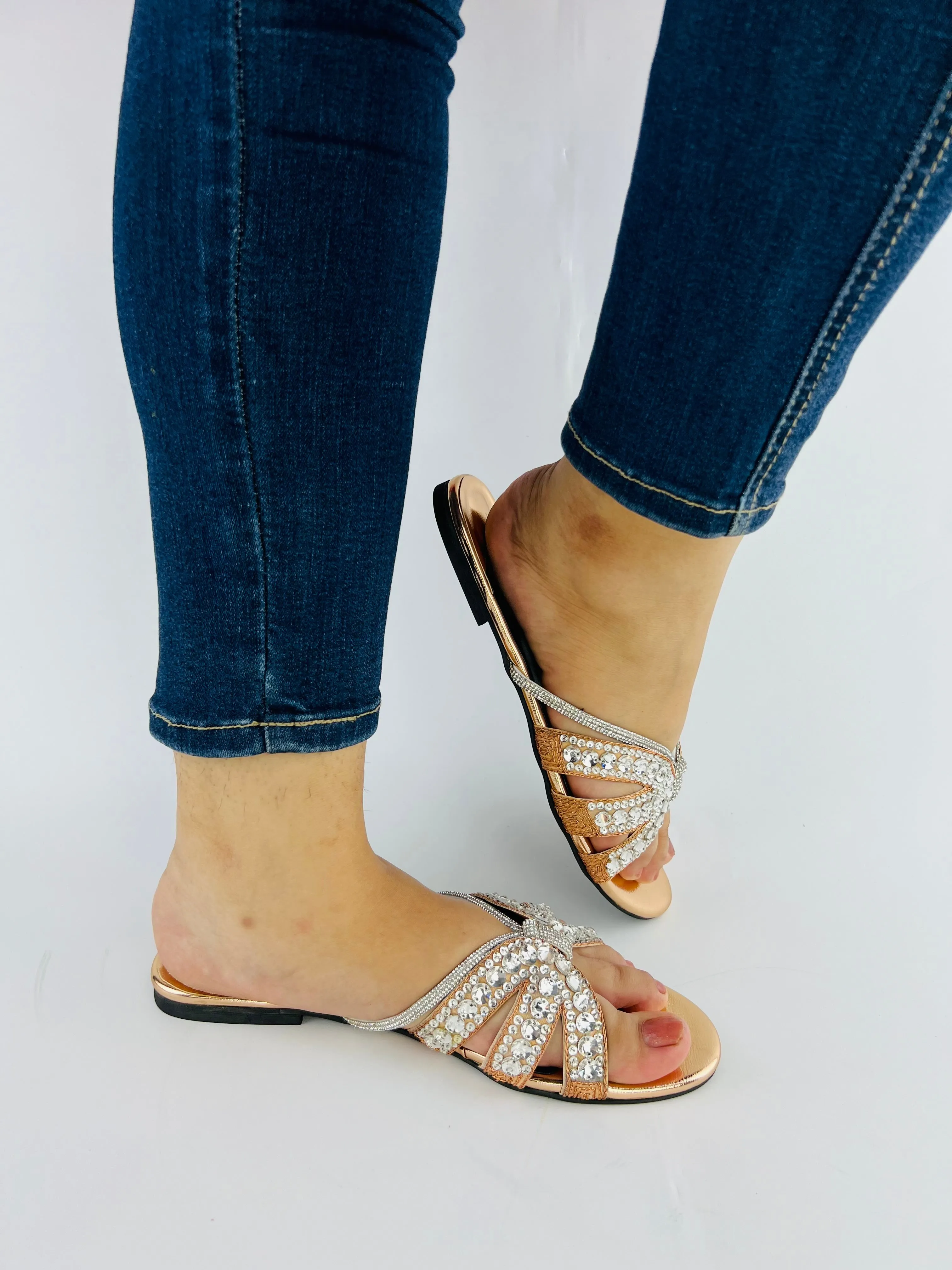Natasha Strappy Rhinestones Slide Rose Gold Flats-11037
