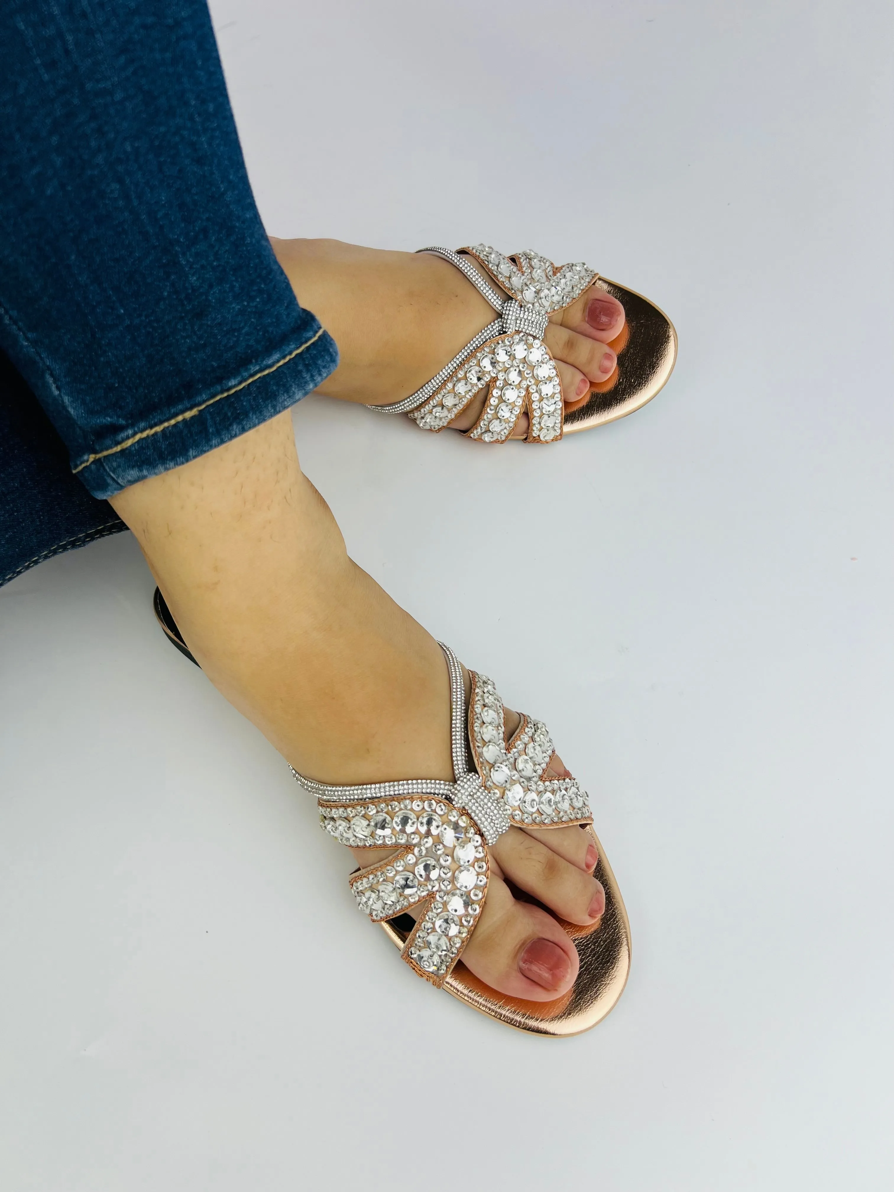 Natasha Strappy Rhinestones Slide Rose Gold Flats-11037