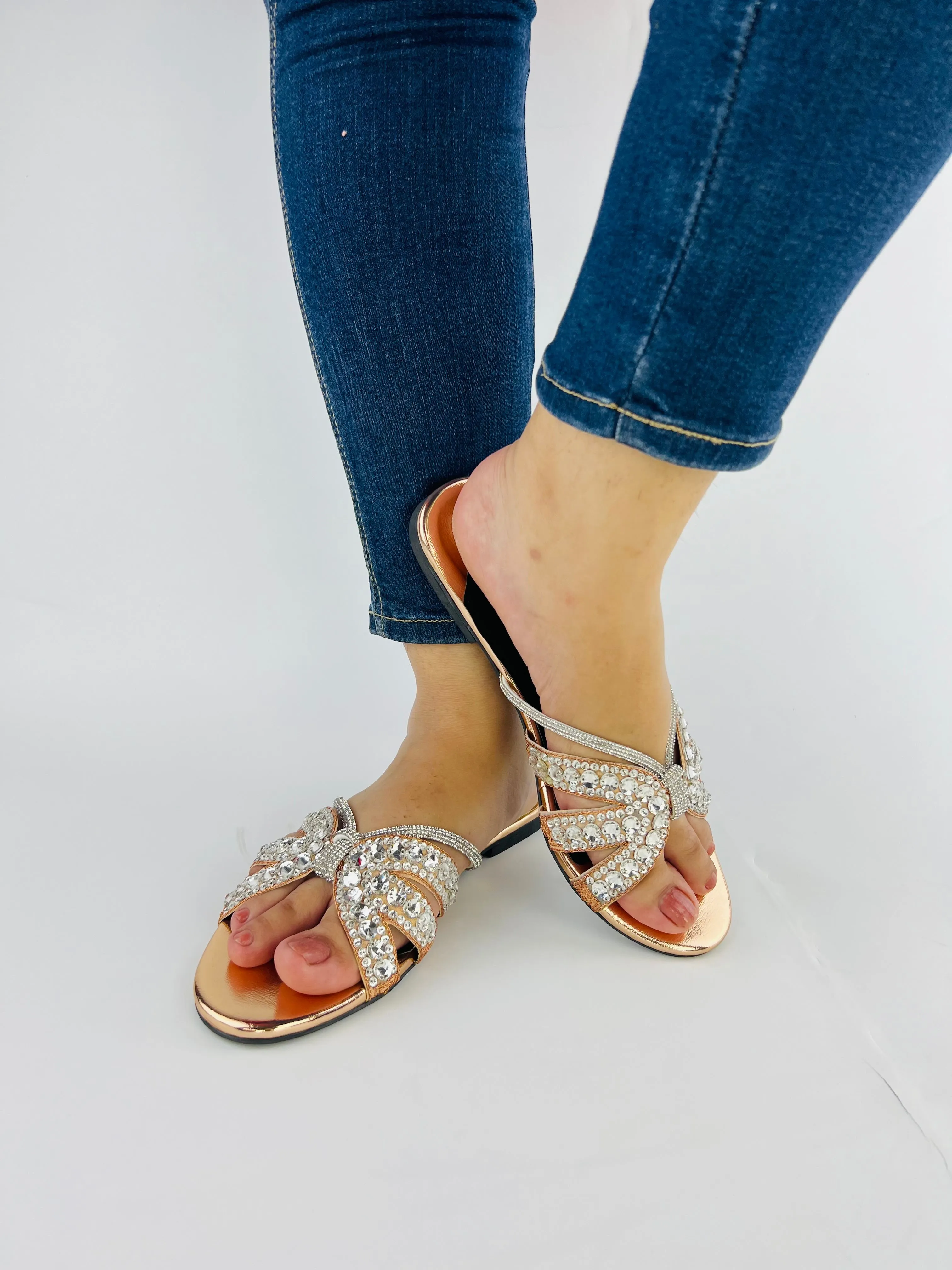 Natasha Strappy Rhinestones Slide Rose Gold Flats-11037
