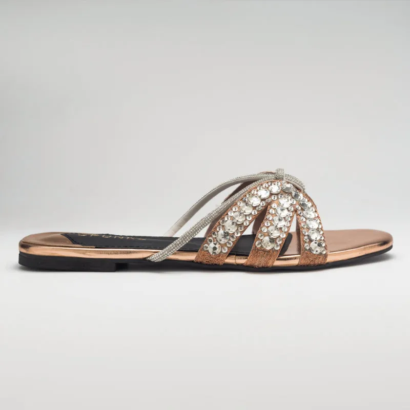 Natasha Strappy Rhinestones Slide Rose Gold Flats-11037