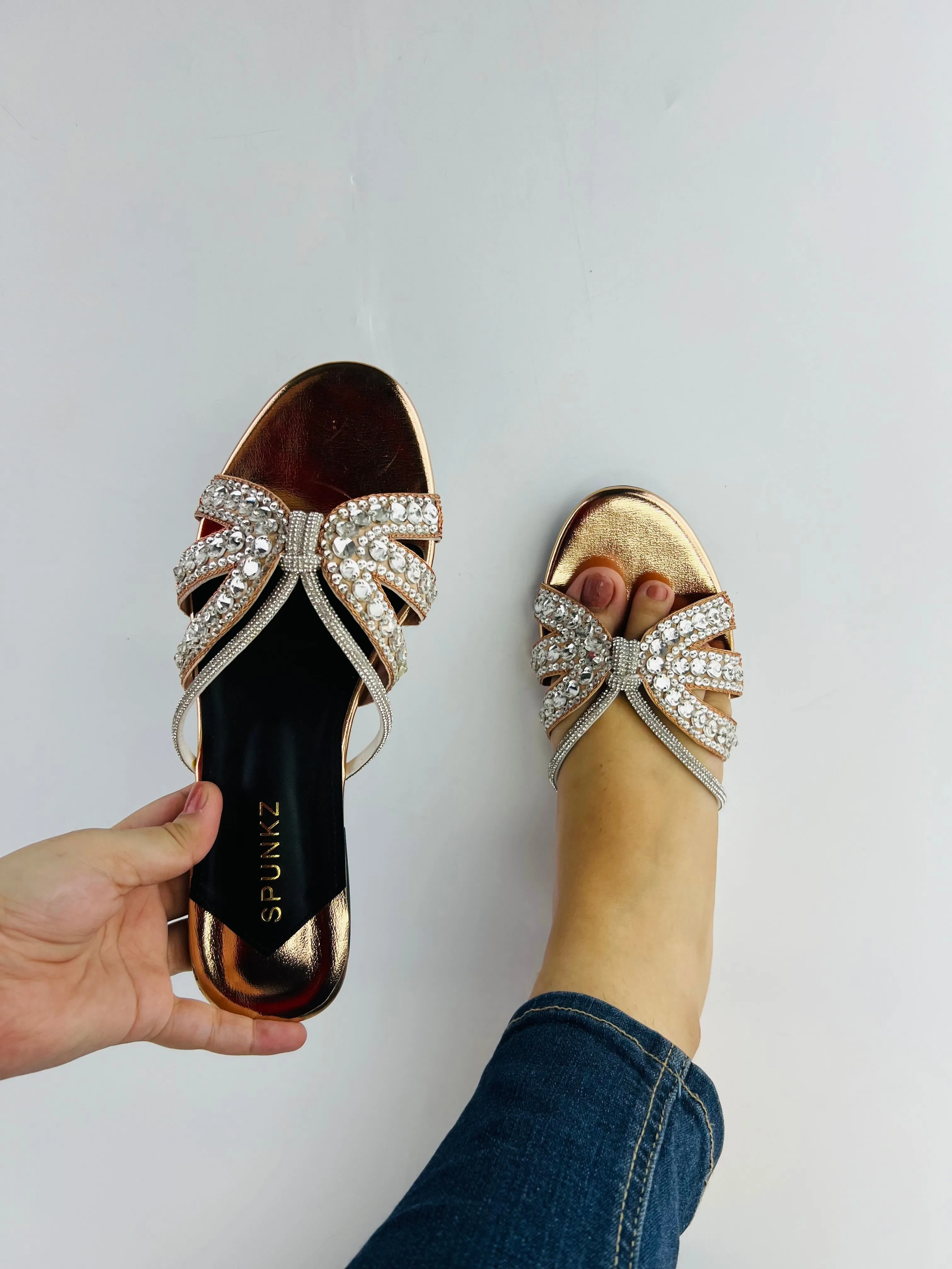 Natasha Strappy Rhinestones Slide Rose Gold Flats-11037