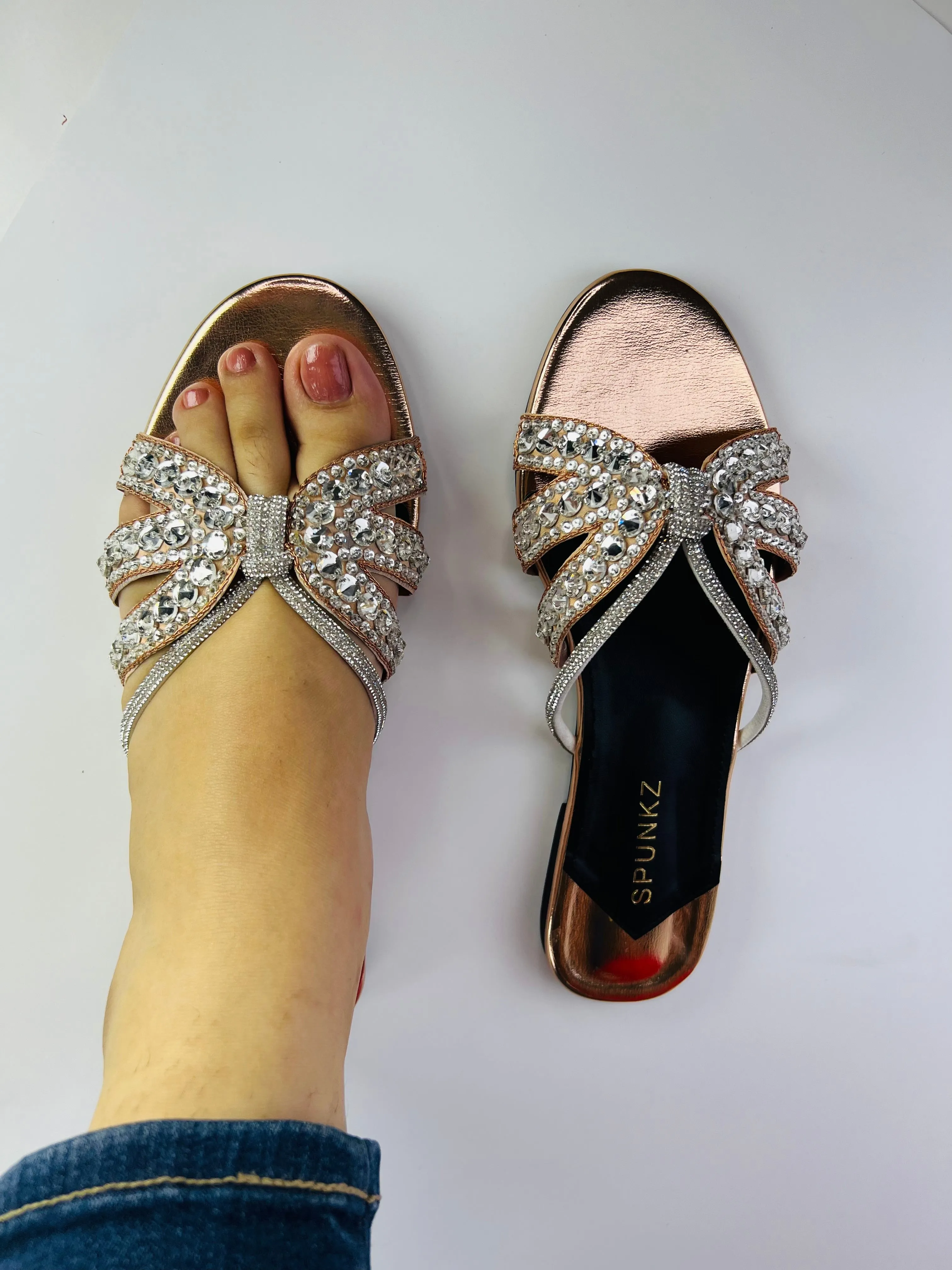 Natasha Strappy Rhinestones Slide Rose Gold Flats-11037