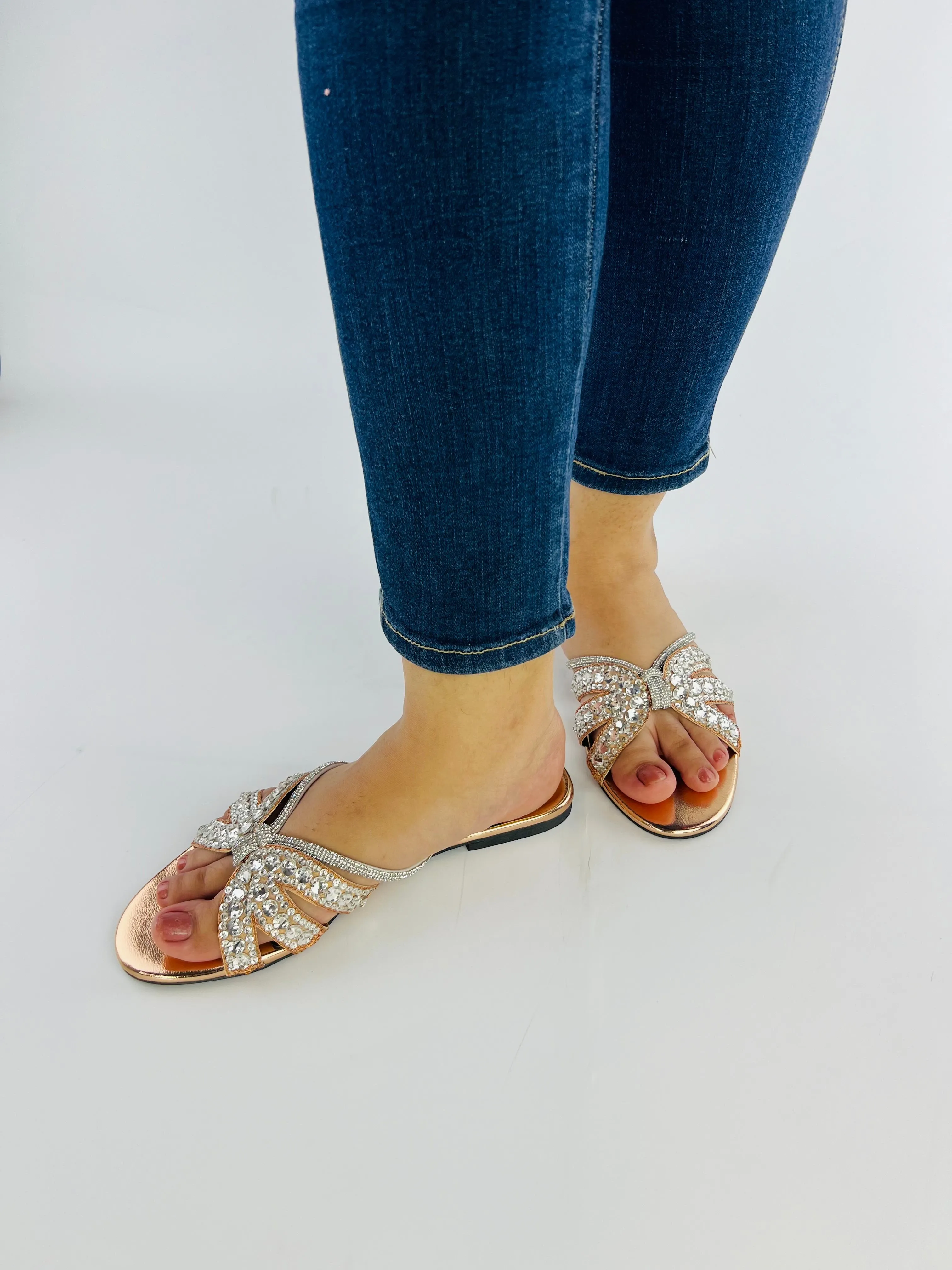 Natasha Strappy Rhinestones Slide Rose Gold Flats-11037