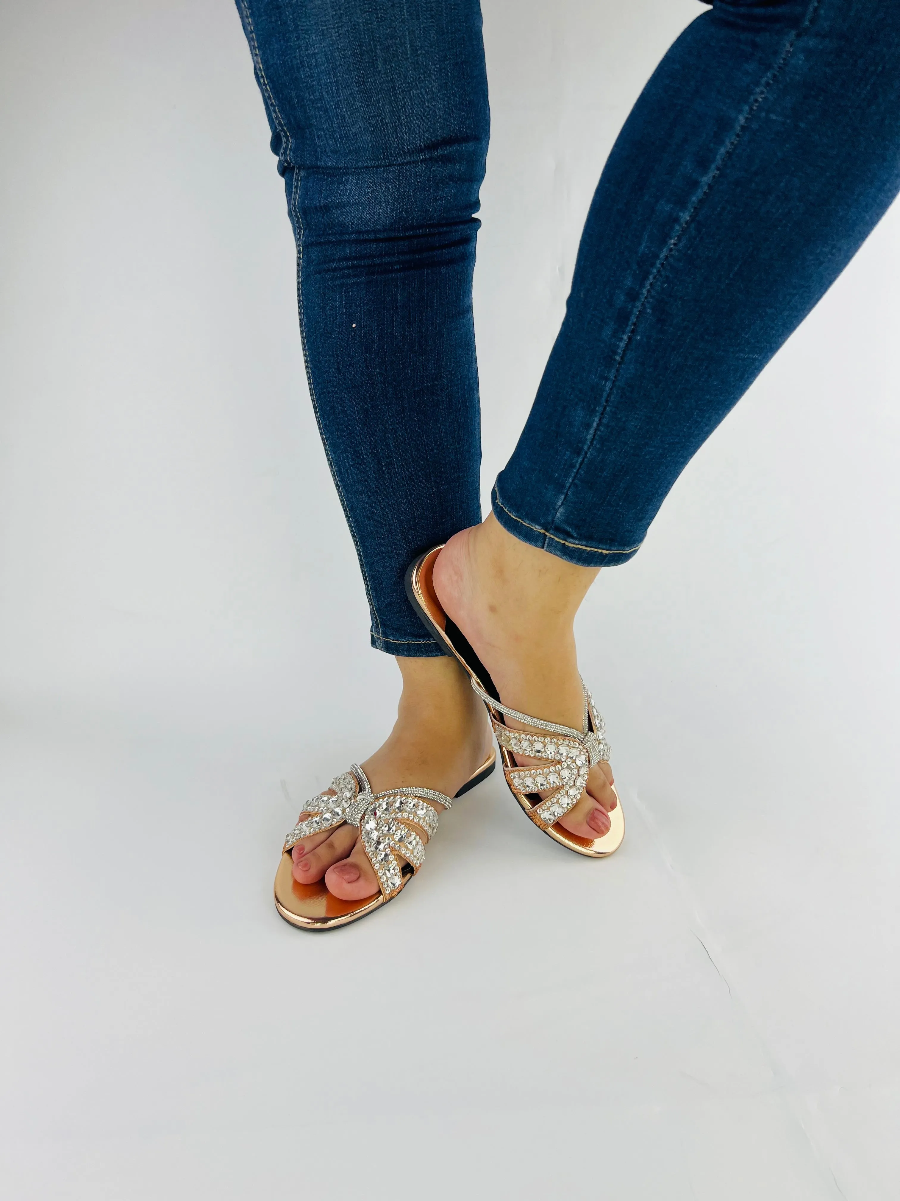Natasha Strappy Rhinestones Slide Rose Gold Flats-11037