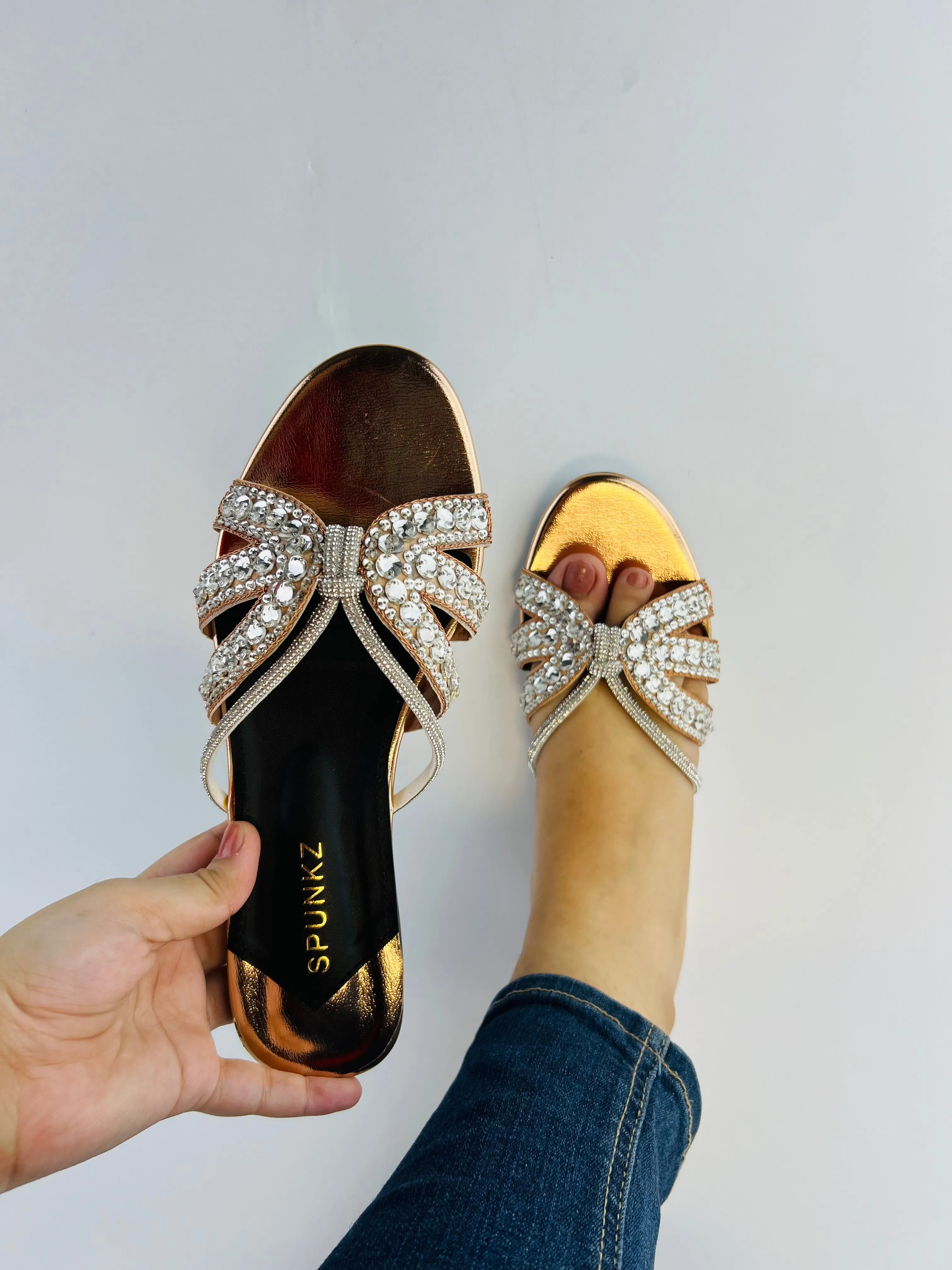 Natasha Strappy Rhinestones Slide Rose Gold Flats-11037