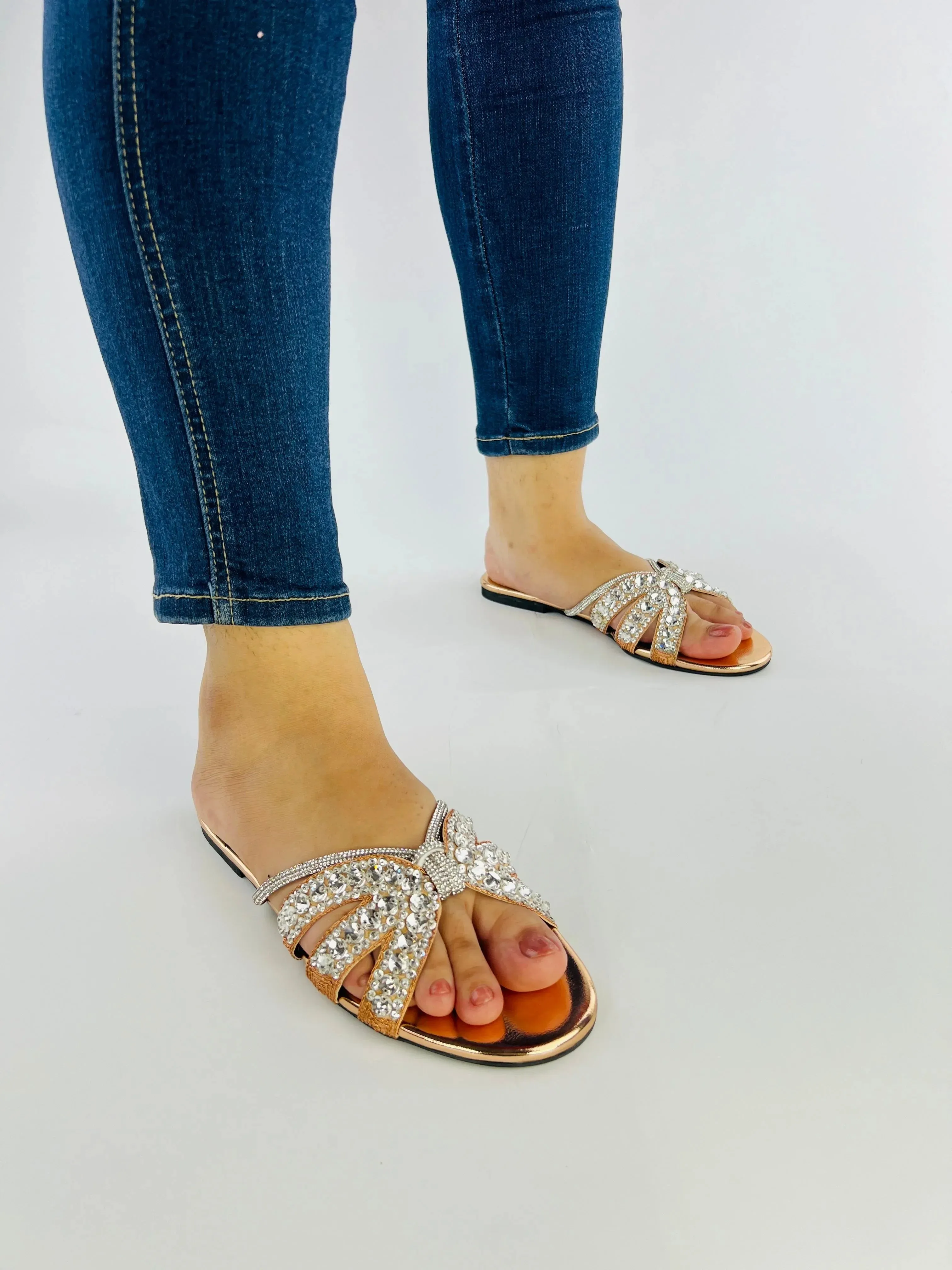 Natasha Strappy Rhinestones Slide Rose Gold Flats-11037