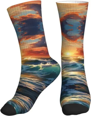 Ocean Sunset Scenery Athletic Casual Socks Performance Breathable Comfy Heavy Cushion Crew Socks For Women Men