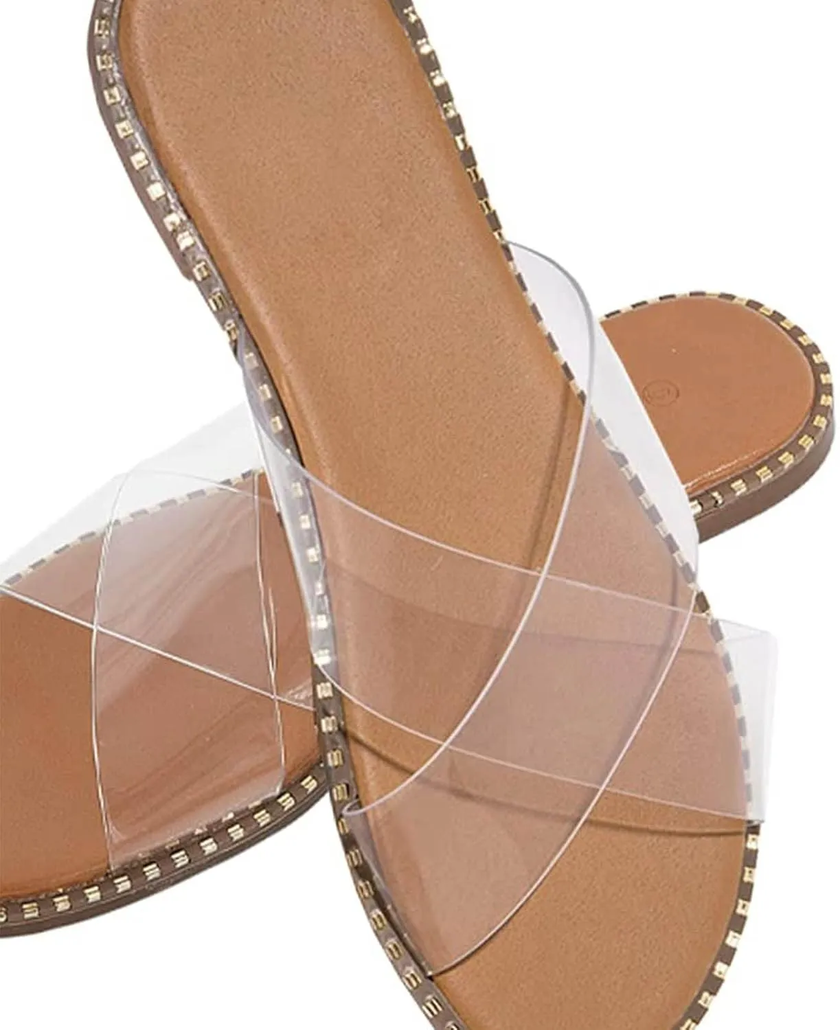 oiangi Slide Sandals Women Studded Flats Summer Casual Open Toe Slip-On Mule Crossed Strap Slipper Comfortable Ladies Shoes