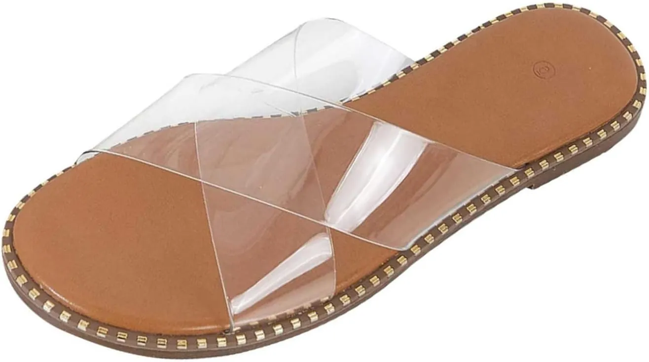 oiangi Slide Sandals Women Studded Flats Summer Casual Open Toe Slip-On Mule Crossed Strap Slipper Comfortable Ladies Shoes