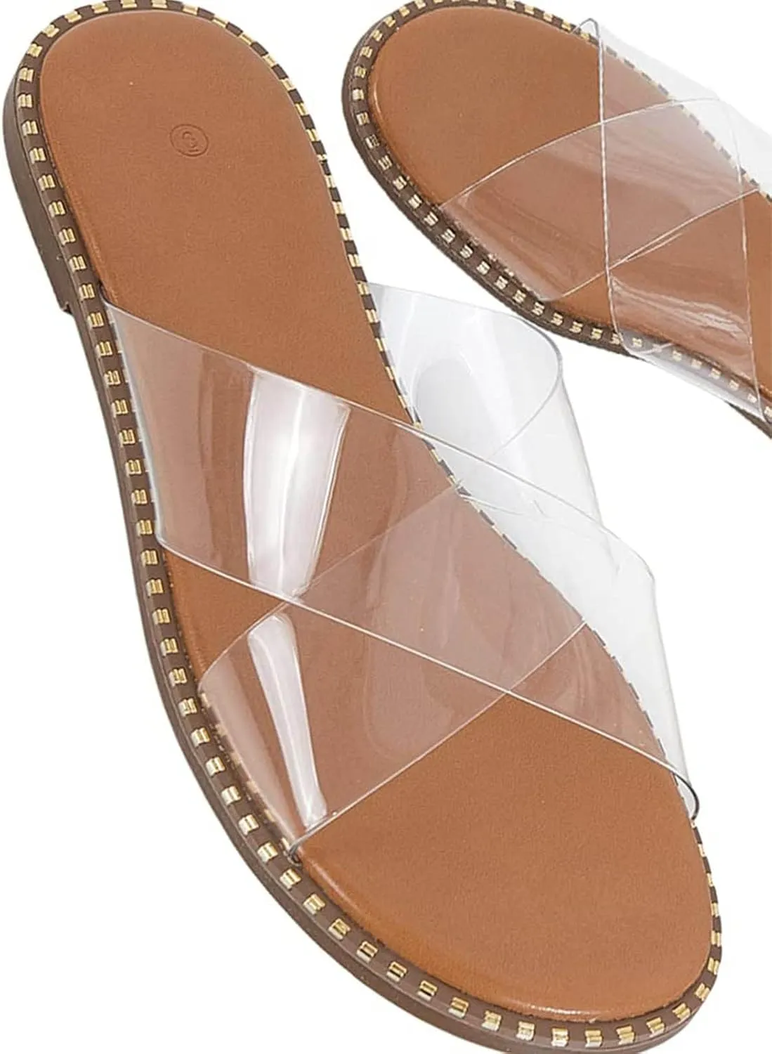 oiangi Slide Sandals Women Studded Flats Summer Casual Open Toe Slip-On Mule Crossed Strap Slipper Comfortable Ladies Shoes