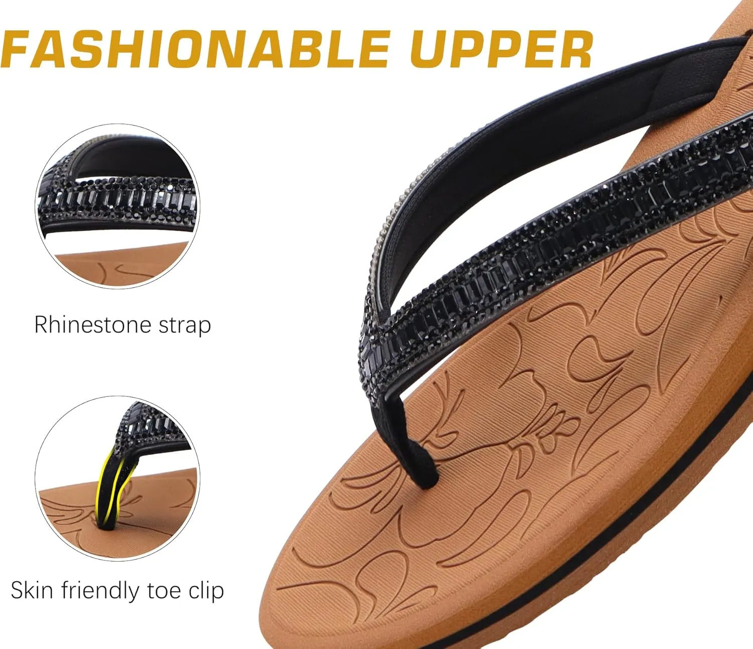 ONCAI Women's Flip Flops with Rhinestone, Arch Support Yoga Mat Comfort Walking Summer Beach Thong Sandals with Plantar Fasciitis Rubber Soles US Size 5-11