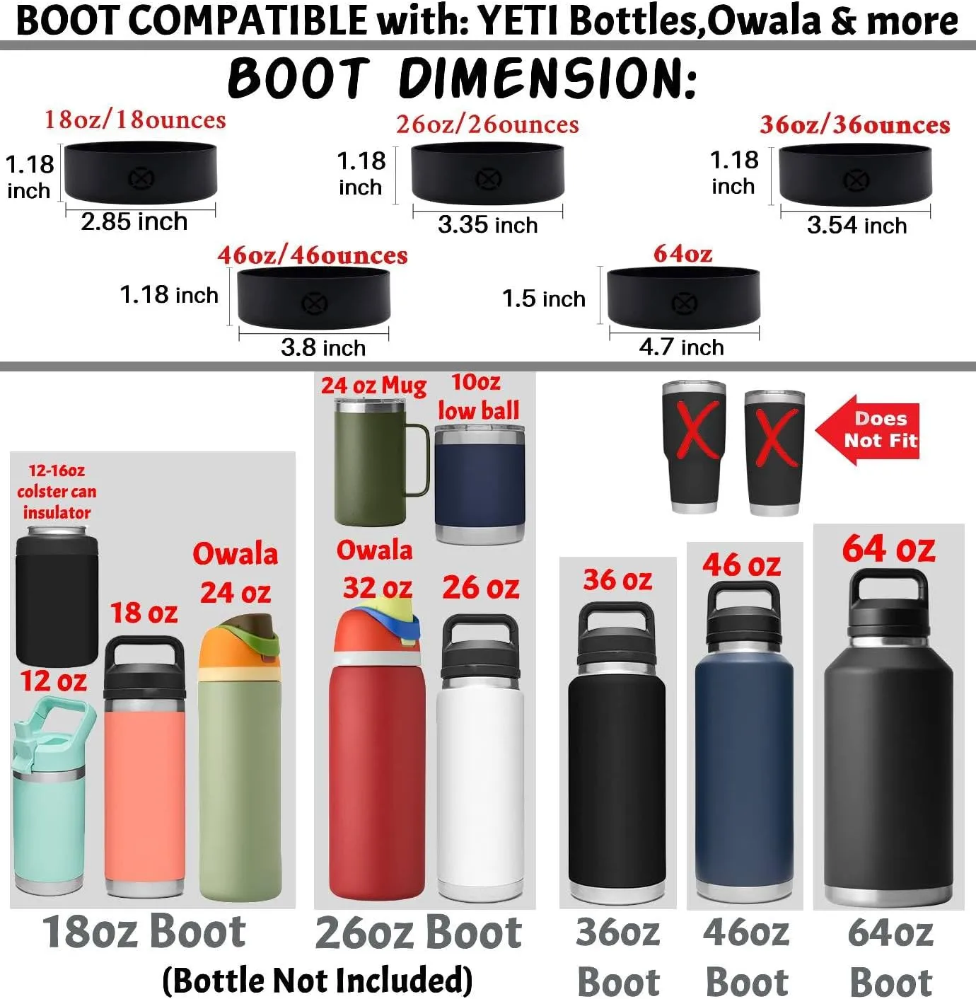 One MissionX Protective Silicone Boot for YETI 46oz 36oz 26oz 18/12oz, Owala 32oz 24oz Bottles & Yonder Water Bottles, Anti-Slip Bottom Sleeve Cover, BPA Free (Black, Fits 64 oz)