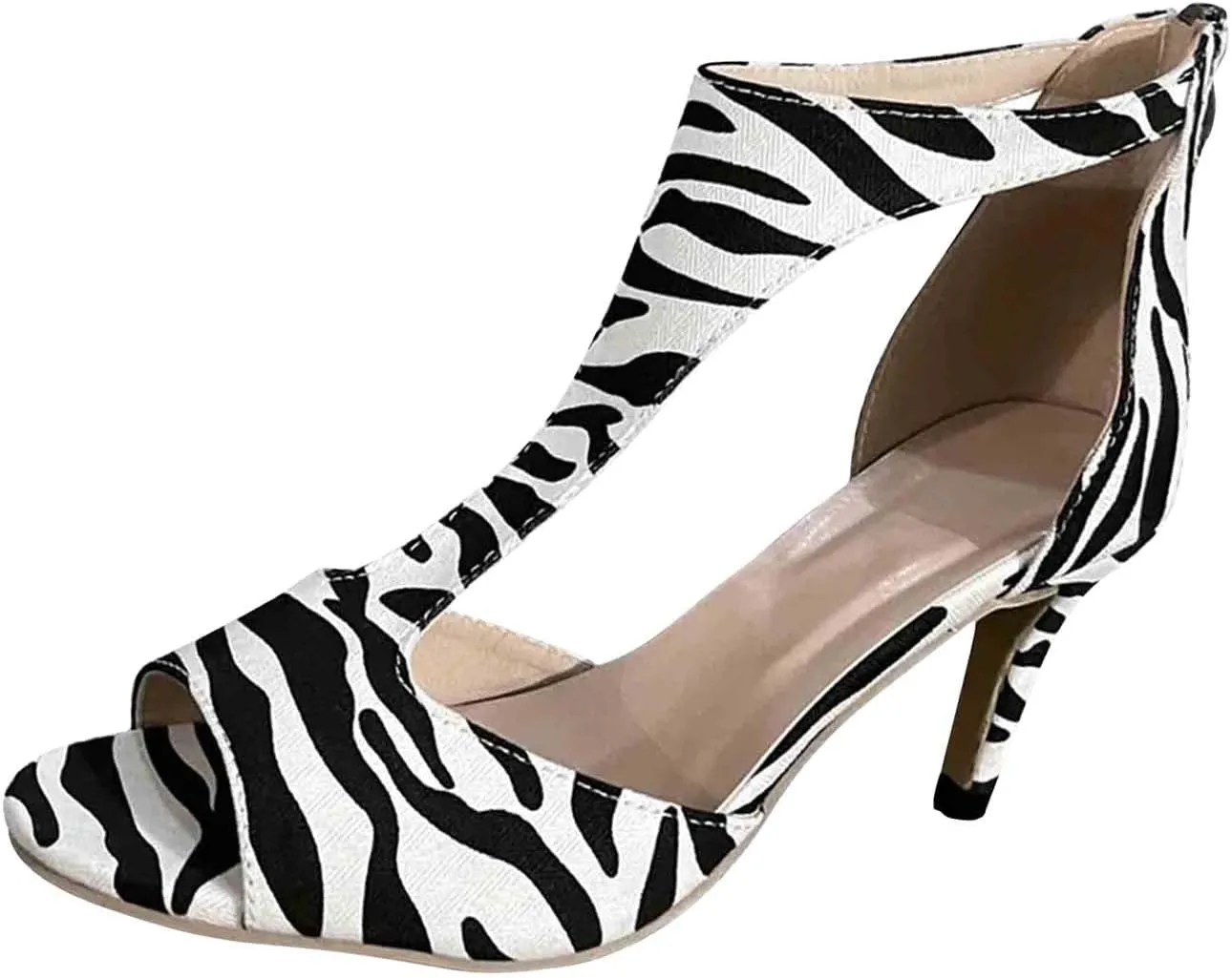 Open Toe Sandals for Women Orthopedic Mid Heels Dress Shoes Summer Zip Closure Casual Suede Fish Mouth Sandal T-Strap Pumps