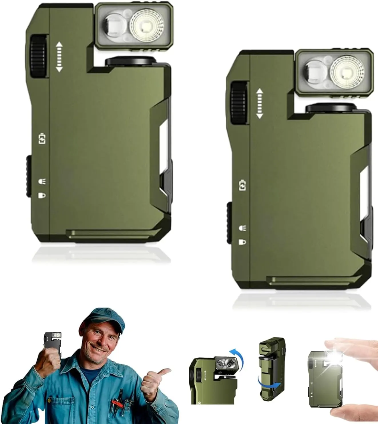 Orgonite G5 Rechargeable EDC Flashlight, 400 Lumens Portable Flat Mini Flashlights, 180° Rotation Magnetic Keychain Flashlight, Mini Portable Design for Outdoor, Emergency & Daily Carry (Green-2pcs)