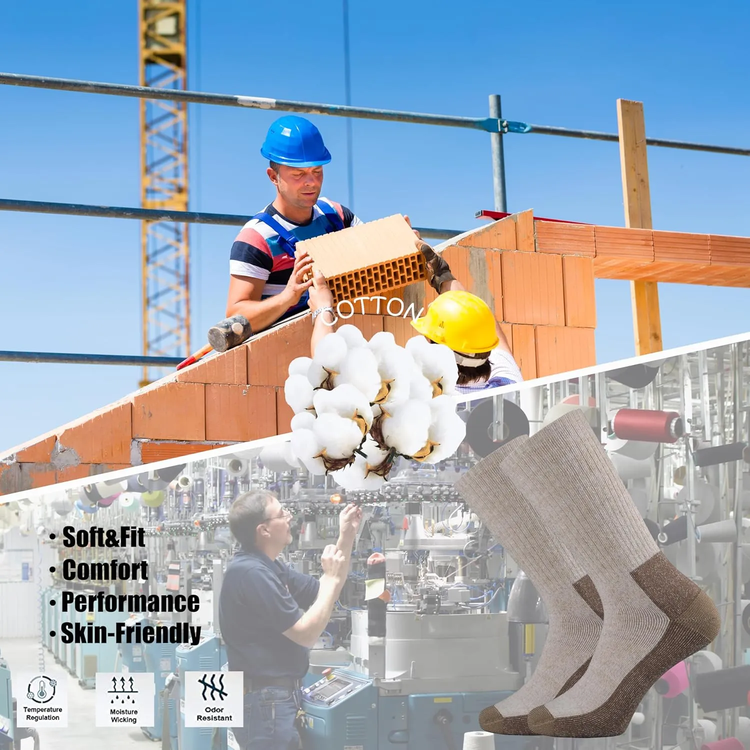 Ortis Men's Cotton Cushion Crew Socks Moisture Wicking Breathable Thick Warm Thermal for Athletic Heavy Duty Work Boot