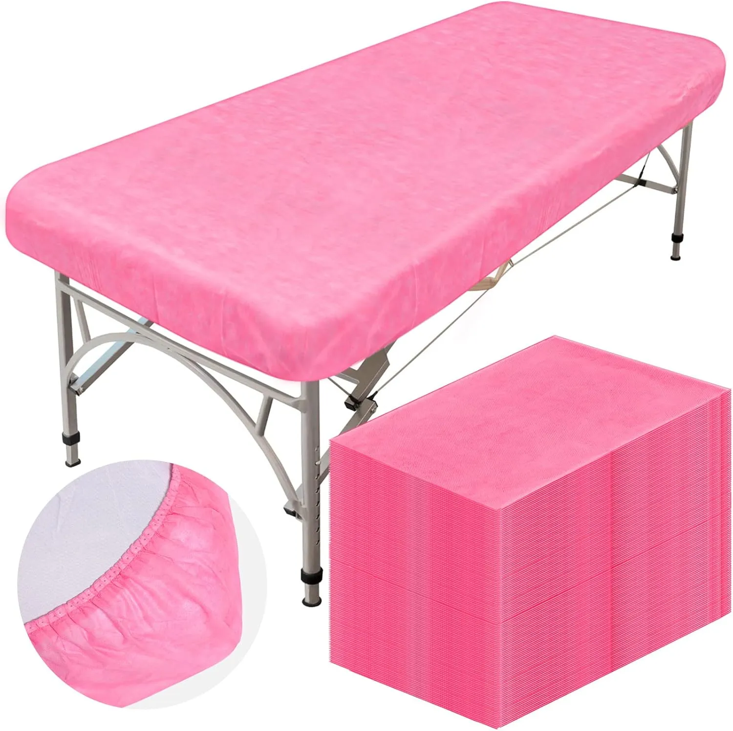 Oudain 50 Pcs 39 x 87'' Disposable Fitted Sheets with Elastic, Disposable Massage Bed Sheets Covers for Spa Beauty Salon Waterproof Oilproof(Pink)