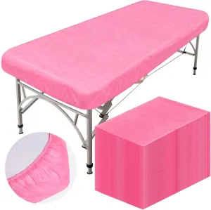 Oudain 50 Pcs 39 x 87'' Disposable Fitted Sheets with Elastic, Disposable Massage Bed Sheets Covers for Spa Beauty Salon Waterproof Oilproof(Pink)