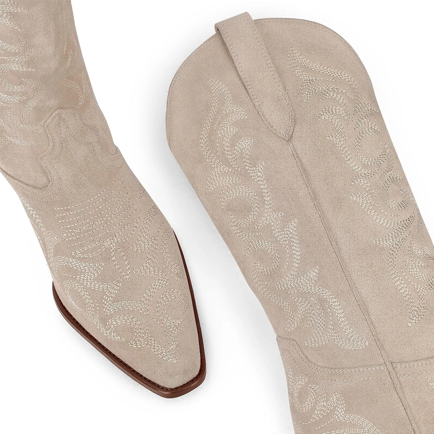 Ouepiano Cowboy Boots for Women Cowgirl Mid Calf Western Embroidered Chunky heels Pointed Toe Pull On Vintage Fashion Country Boot